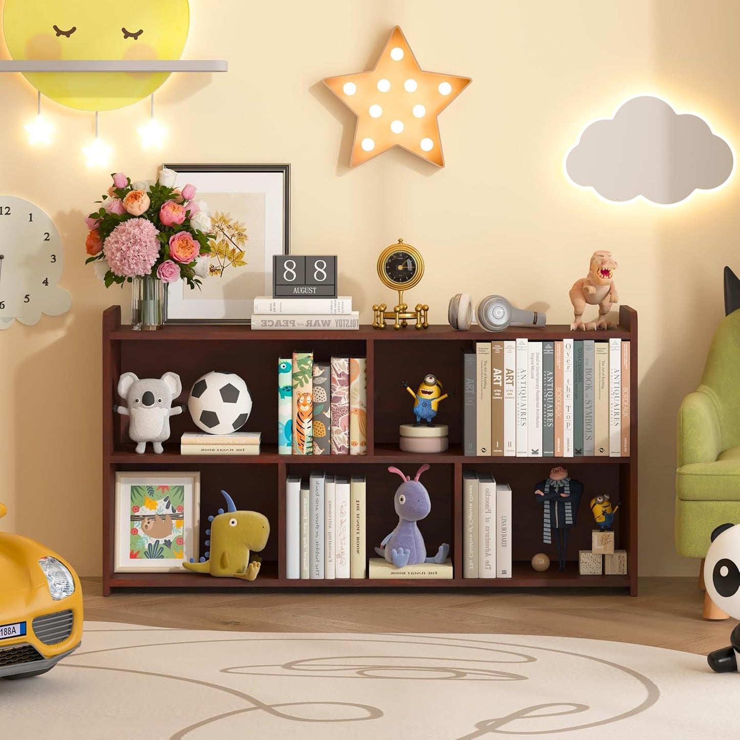 Book Shelf, 5 Cubes Storage Organizer, Open Shelf Wooden Bookcase, Freestanding Cherry Bookshelf Cube Shelf for Bedroom, Living Room, Home Office