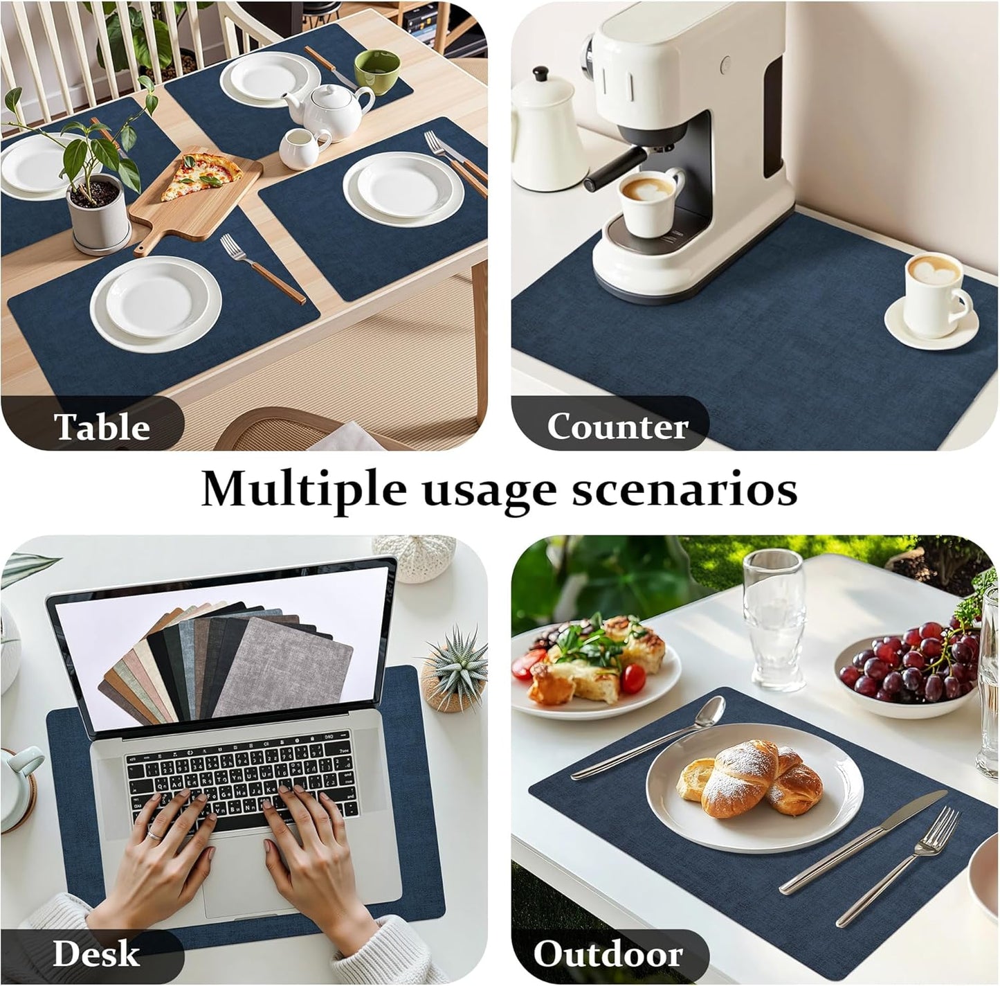 FROMHEART Faux Leather Placemats Set of 6–Waterproof,Heat/Oil Stain-Resistant PU Table Mat–Reversible,Non-Slip,Easy to Clean Place Mats for Kitchen,Dining,Indoor/Outdoor,(Dark Blue,11.8" x 17")