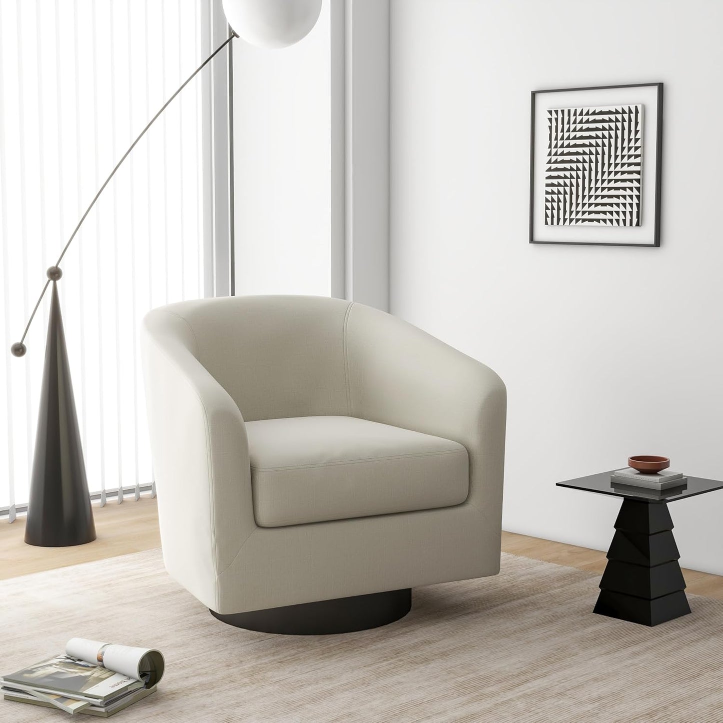 Swivel Barrel Accent Chair, Modern Round Linen Arm Chair for Living Room, Bedroom, Comfy Club Reading Chairs for Adults(Linen Fabric, Beige, Set of 2