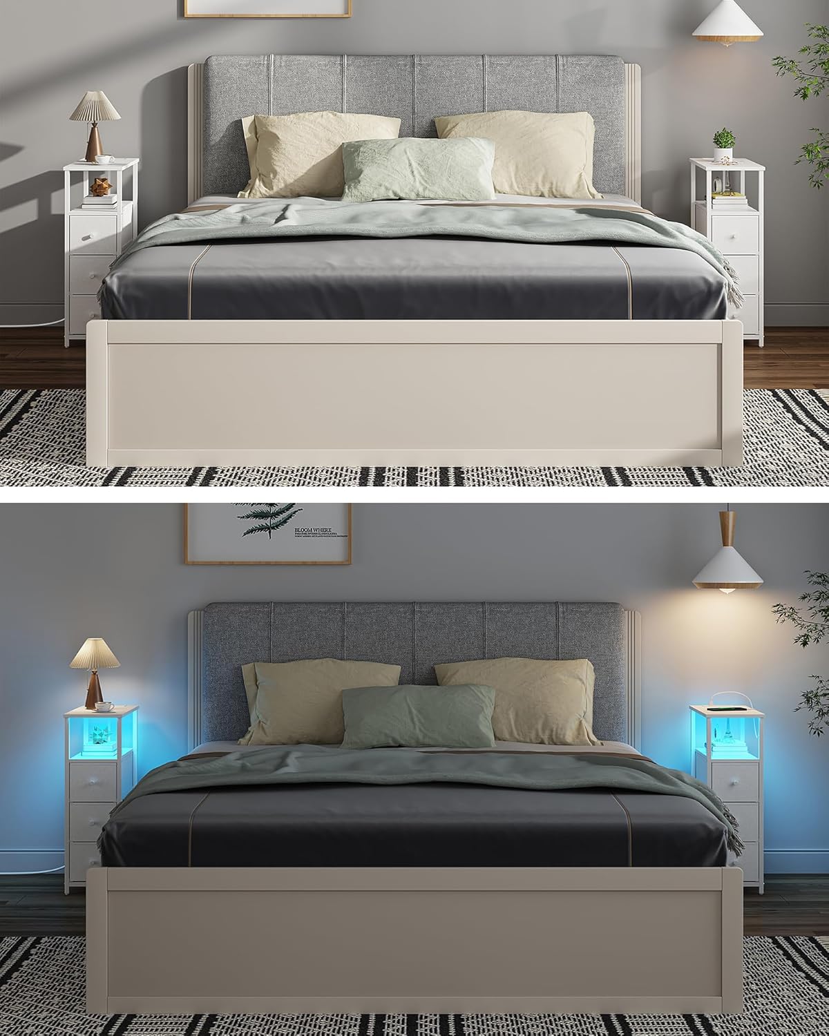 TUTOTAK Narrow LED Night Stand with Charging Station, Slim End Table with Plugins, Tall Side Table with 3 Fabric Drawer, Small Bedside Table with Storage, for Living Room, White TB01BW086L