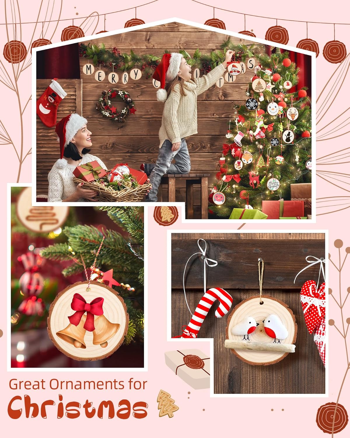 Unfinished Wood Slices with Hole, Natural Wood Circles Blank with Bark for DIY Crafts, Home Decor, Christmas Ornament (30Pcs, 2.4-2.8 Inch)