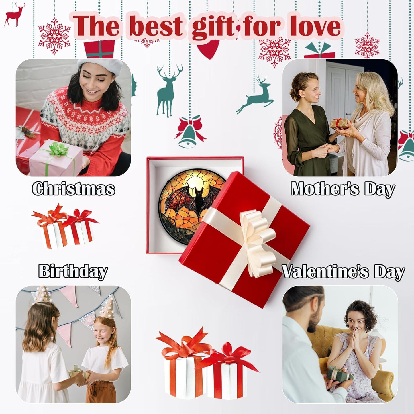 Stained Glass Window Hanging, Black Bat Sun Catcher for Door Home Decor Animal Suncatcher Christmas Mother's Day Birthday Gifts for Women Men Mom and Nana 9.8 in