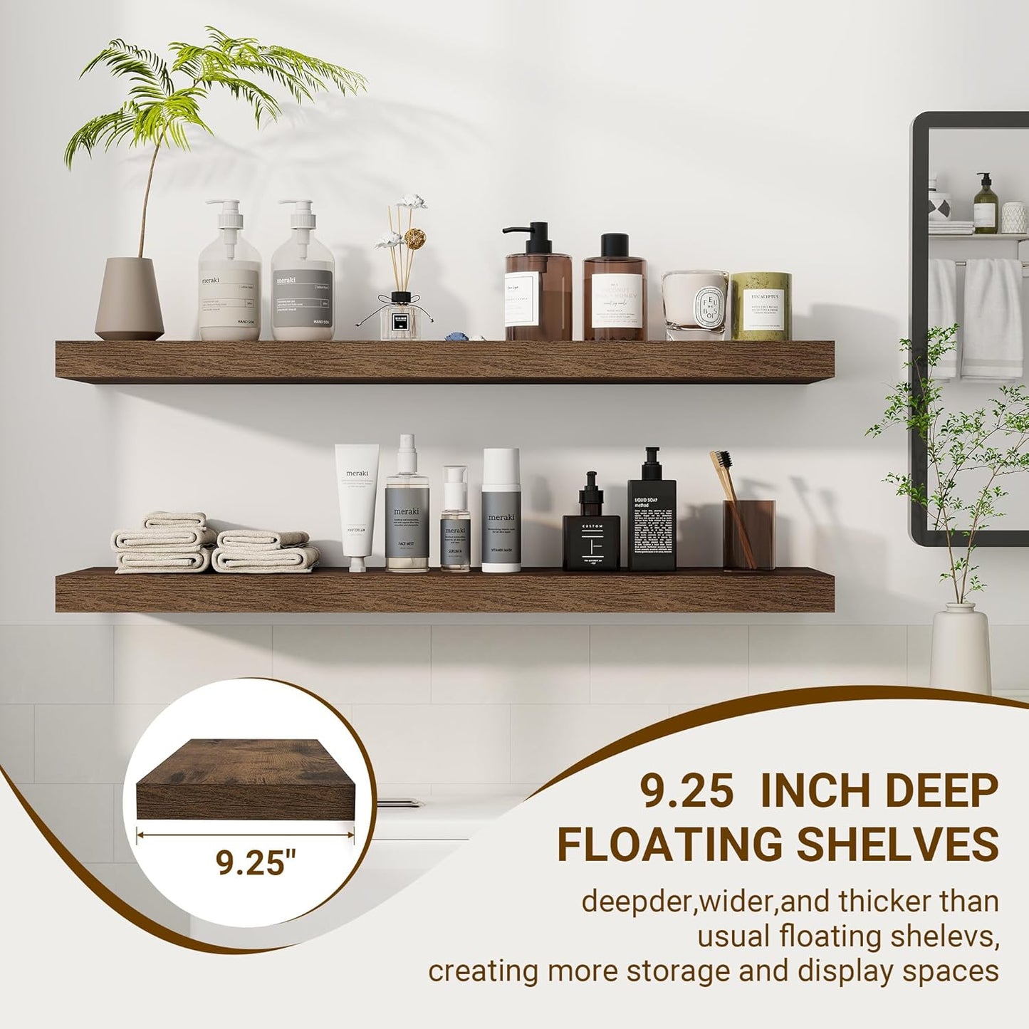 36 Inch Floating Shelves, 36"x9.25"x1.5" Inch Deep Floating Shelves for Wall, Wooden Shelves for Bathroom, Bedroom, Living Room, Brown