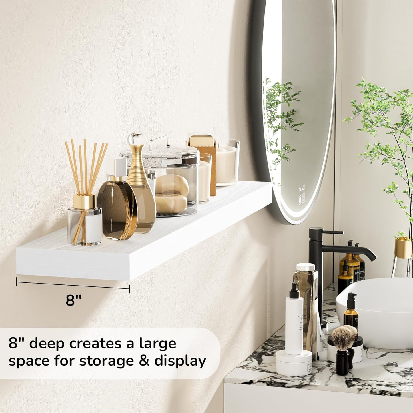 Fun Memories 36 Inch Floating Shelves - Deep Rustic White Wooden Wall Shelves - Extra Deeper & Thicker Wall Mounted Storage Shelf for Bedroom, Kitchen, Farmhouse - 2 Pack, Rustic White