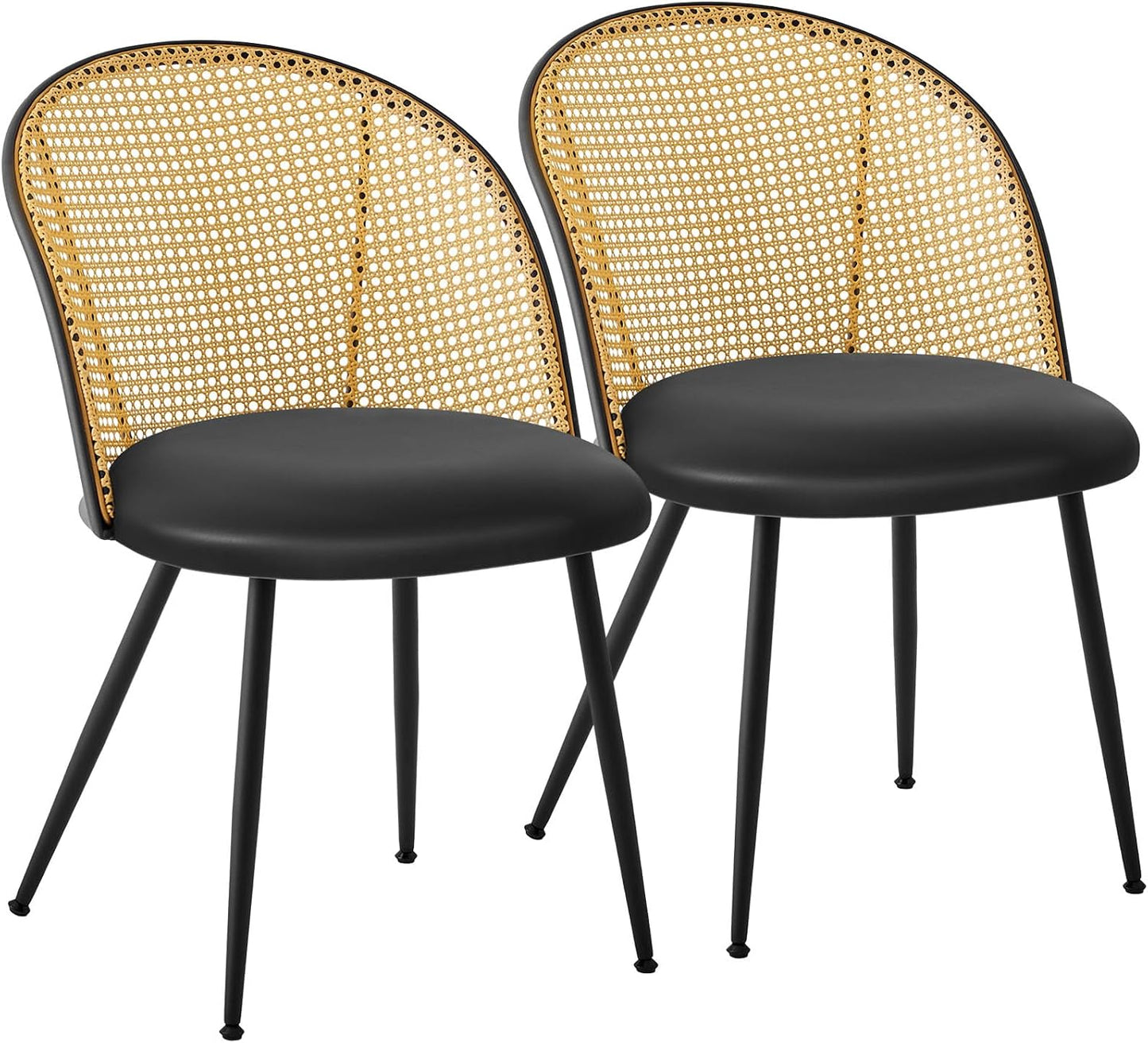 Dining Chairs Set of 2, Mid Century Modern Dining Room Chairs with Full Rattan Back, Faux Leather Kitchen Dining Chairs Farmhouse Armless Mesh Cane Back Side Chairs with Metal Legs, Black