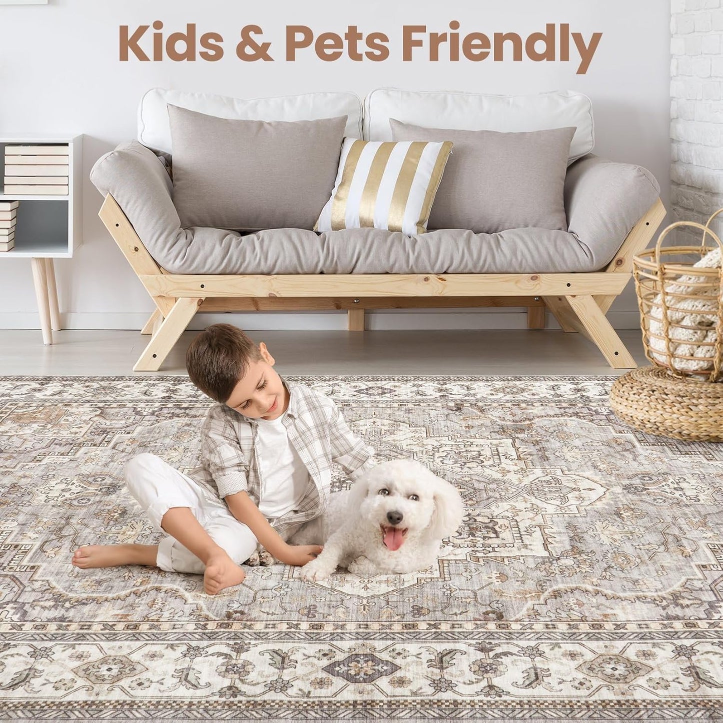 Washable Area Rugs for Living Room - 5x7 Neutral Vintage Distressed Floral Farmhouse Boho Large Soft Floor Rug Indoor Non Slip Carpet for Bedroom Dining Room Office - Grey Brown