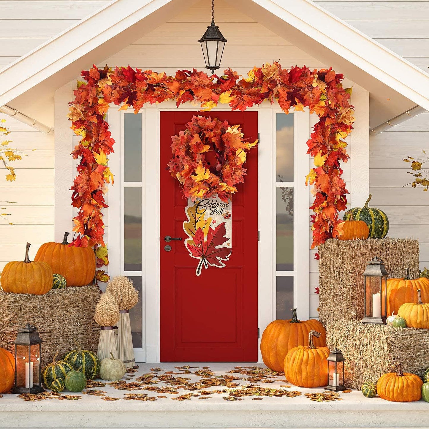 RECUTMS 2 Pack Fall Maple Garland - 5.8 FT/Pcs Autumn Hanging Fall Leave Vines for Home Garden Wedding Party Thanksgiving Dinner Fireplace Door Frame Doorway Backdrop Christmas Decor
