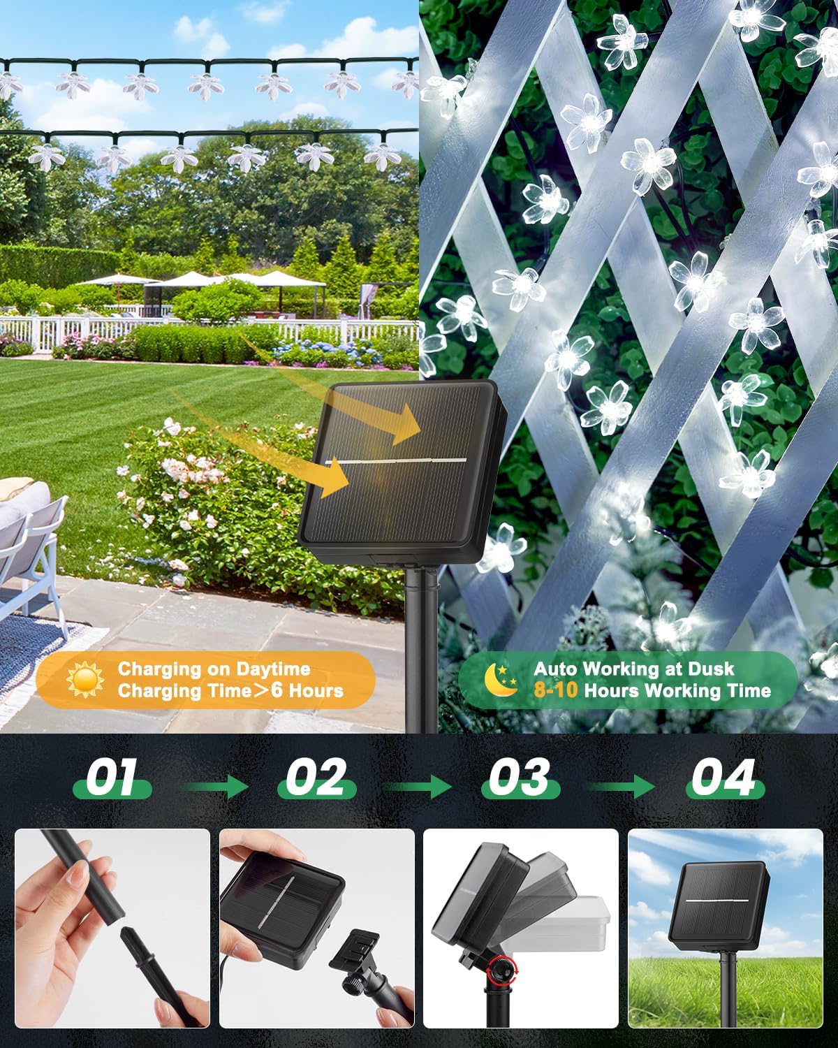 Brightown 60 LED Solar Flower String Lights Outdoor Waterproof Fairy Lights for Garden Yard Fence Patio Christmas Tree Wedding Party Decor, Pure White