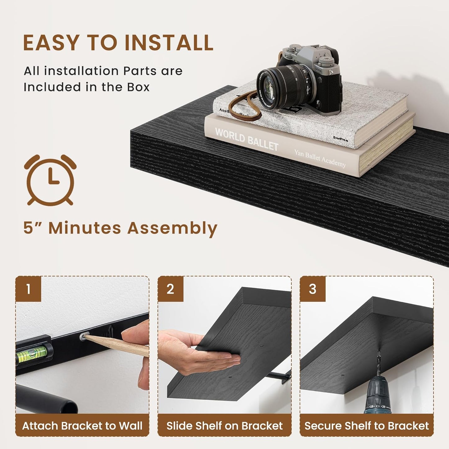 fuqing Floating Shelves for Wall, Bathroom Shelf Wall Mounted for Storage, Shelves with Invisible Bracket for Bedroom, Kitchen, Living Room, Farmhouse Small Book Shelf, 40 Inch Set of 2, Black