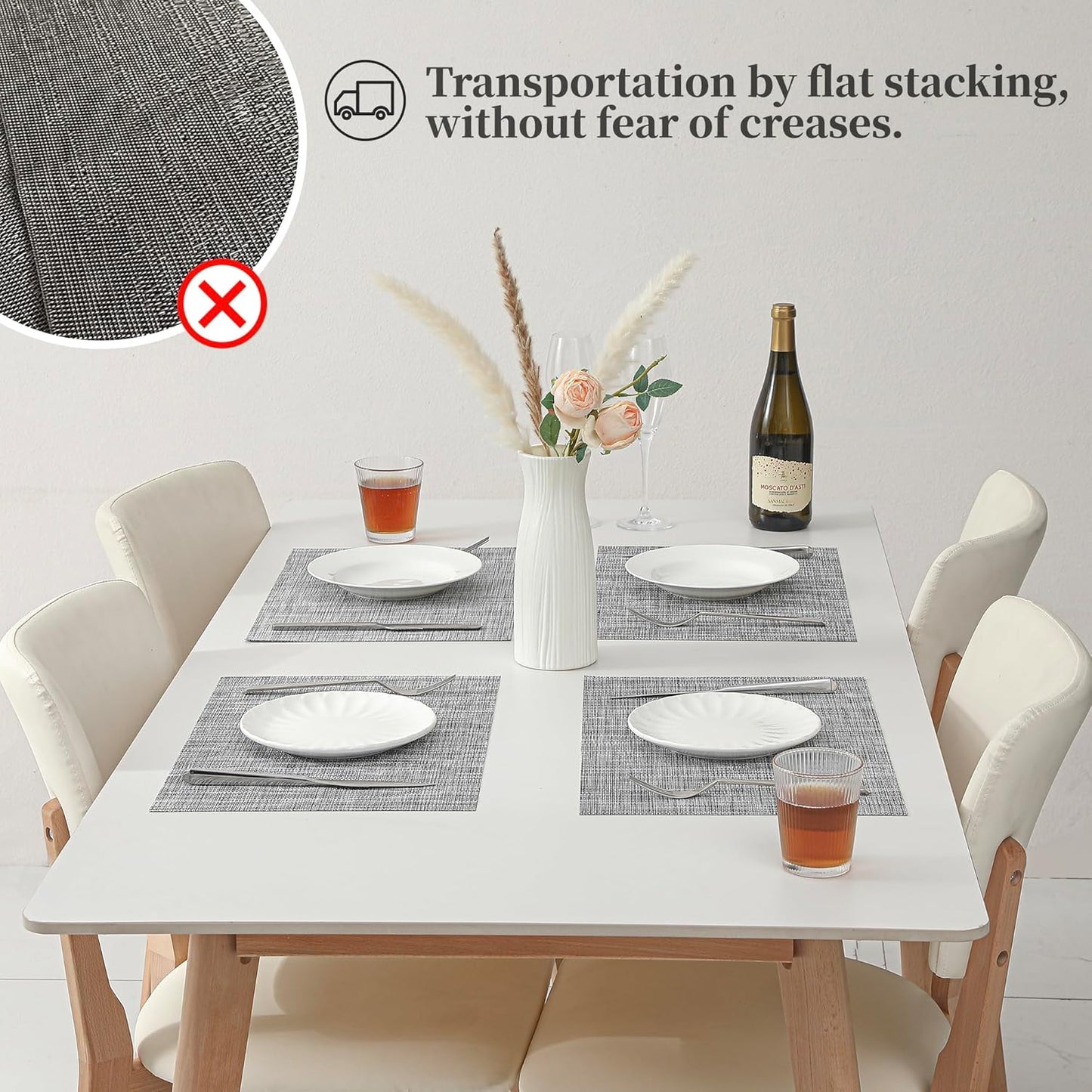Leetaltree Linen Grey Placemats Set of 6 - Heat Resistant Non-Slip Place mats for Dining Table, Washable Durable PVC Vinyl Woven Table Mats(Linen Grey, 6)