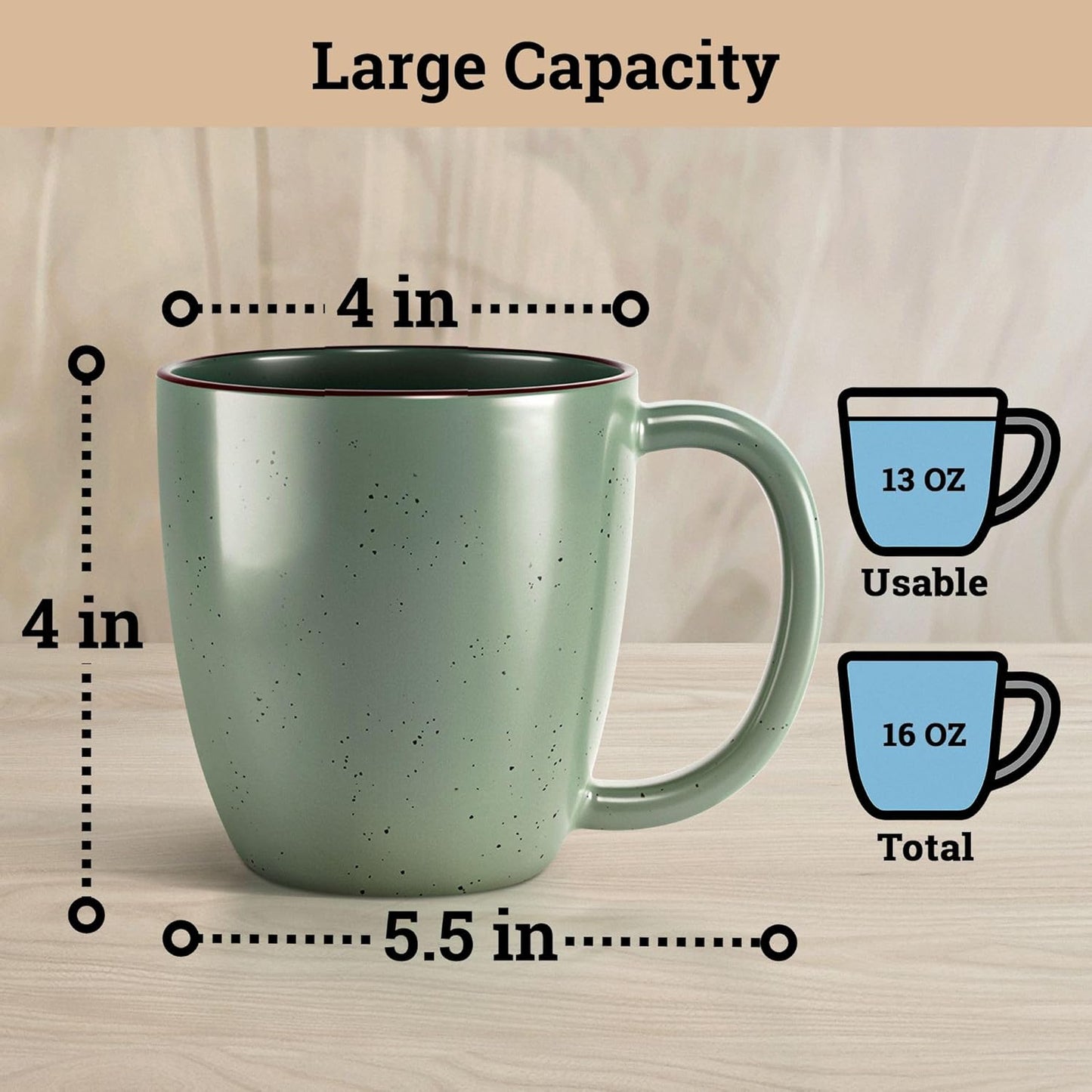 Ceramic Coffee Mugs Set of 4 - 16 oz Coffee Mug Set of 4 - Thick Durable Ceramic Mugs with Comfortable Handles - Dishwasher & Microwave Safe - Mug Sets 4 Beautiful Colors - Large 16 oz Full Capacity