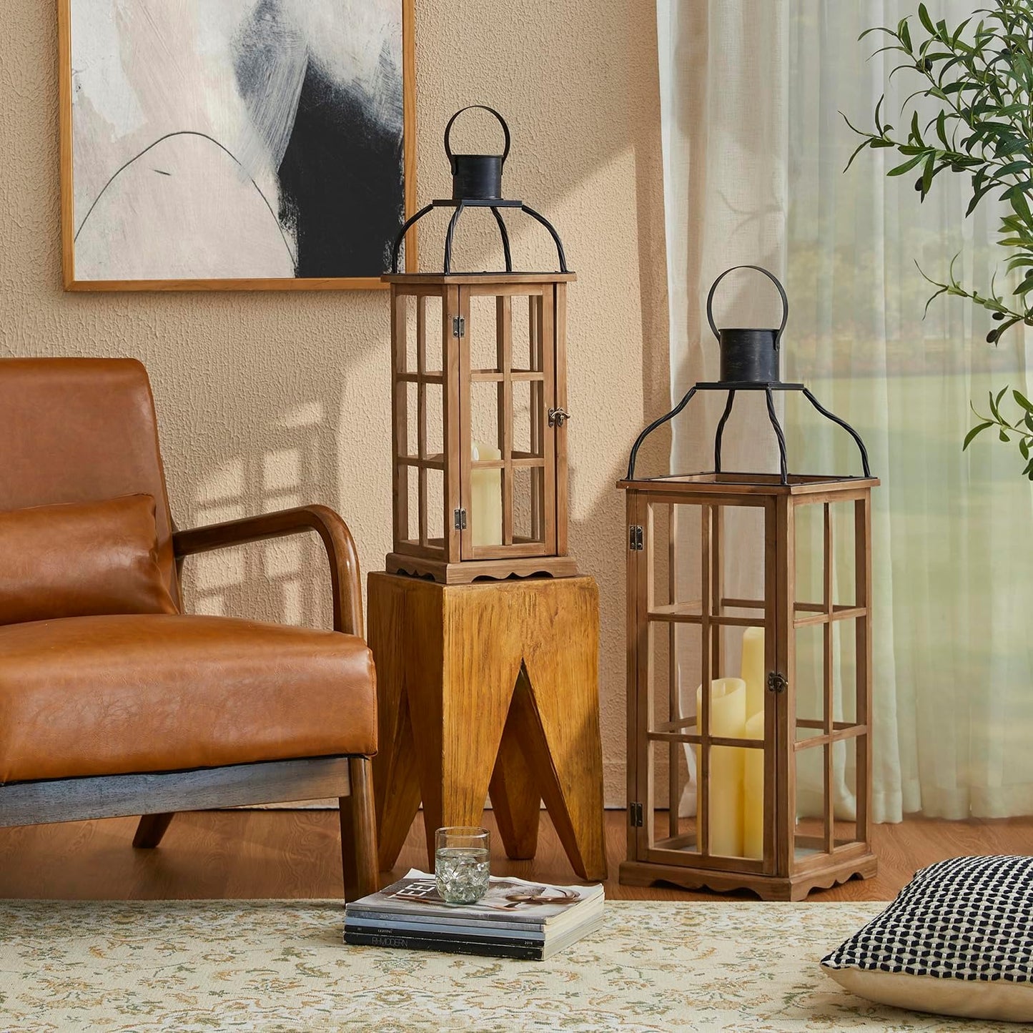Glitzhome Set of 2 Oversized Farmhouse Wood Lanterns with Metal Top Decorative Hanging Candle Lanterns for Home Décor, Natural (No Glass)