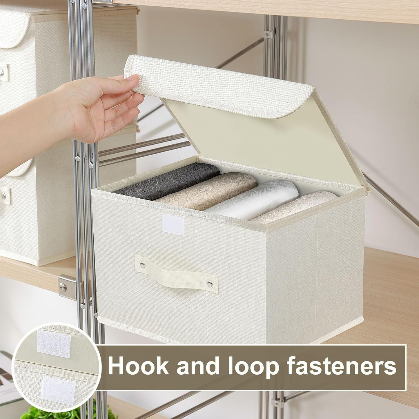 Fabric Storage Bins Cube Organizers with Flip-Top Lid and Handles,Storage Boxes for Organizing Home,Office,and Closet,Beige,3 Pack 10.2 X 7.9 X 6.7 in