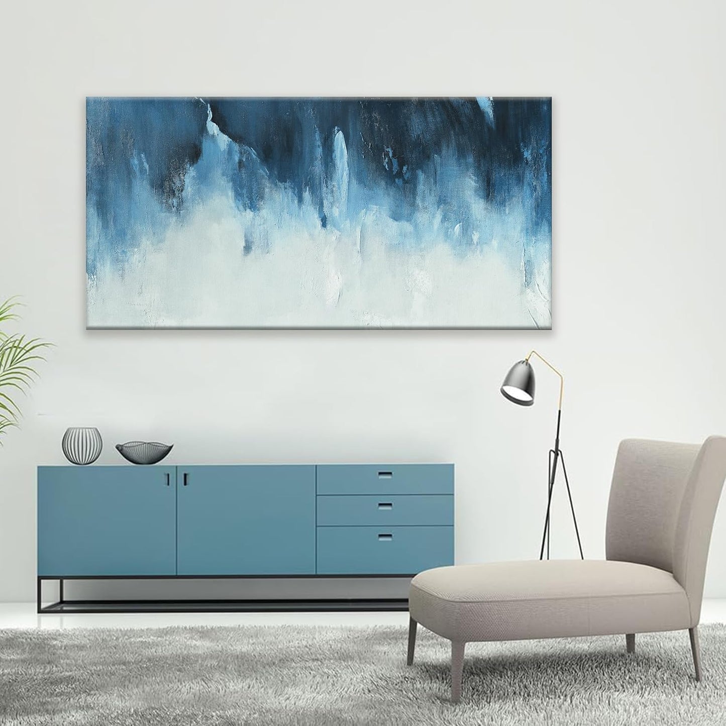 Canvas Wall Art Decor White Blue Wall Art Decor Abstract Art Decoration Pictures For Living Room Art Work Modern Abstract Wall Art Paiintings Prints for Home Bedroom Office Room Wall Decor 24" x 48"