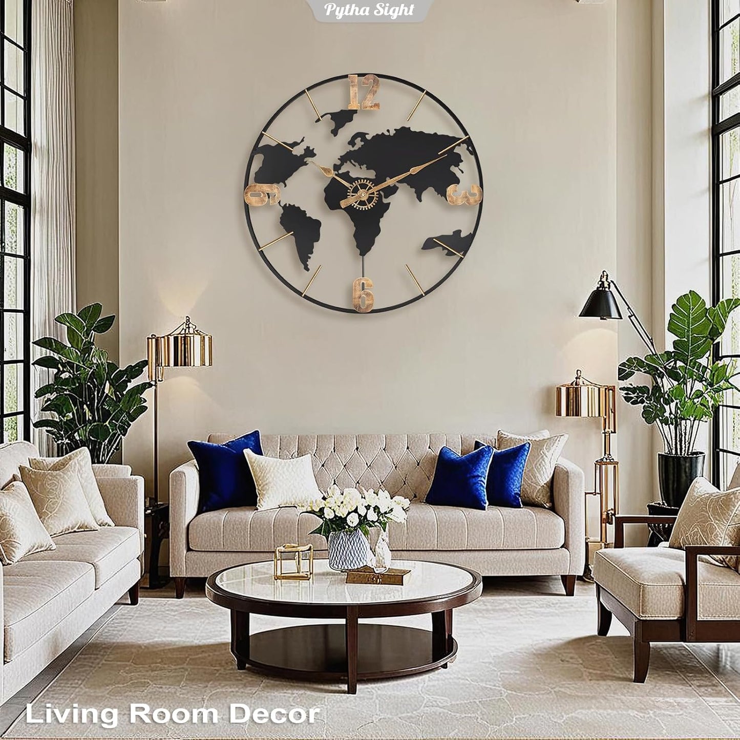 24 Inch Large Wall Clock,Modern Decorative Big World Map with Vintage Gold Arabic Numeral Extra Giant Metal Oversized Wall Clocks for Living Room,Office,Kitchen,Dining Room,Bedroom