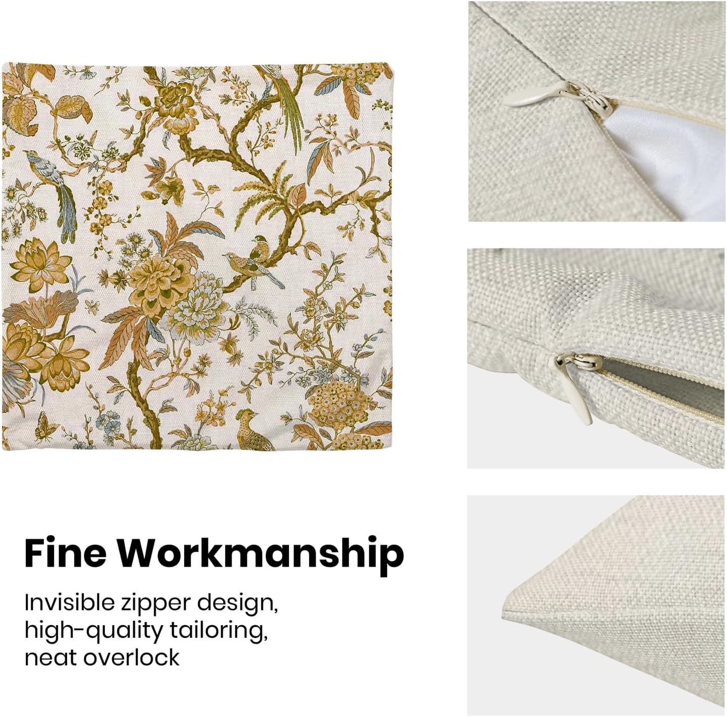 CXMEIFLY Summer Floral Birds Pillow Covers 20 x 20 Inch Set of 2 for Chinoiserie Flowers Spring Decor Throw Pillows Mustard Yellow Plant Outdoor Decorative Cushion Cases for Couch Bed Decorations