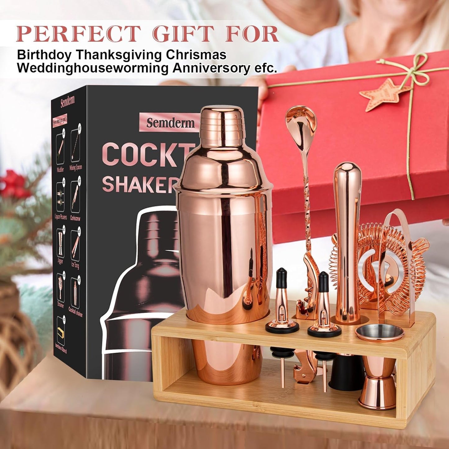 Cocktail Shaker Set, Mixology Bartender Kit 10-Piece Bar Tool Set with Stylish Bamboo Stand, Bar kit: Matini Shaker Mixing Spoon Muddler Jigger Cocksrew for Barware Set | Rose