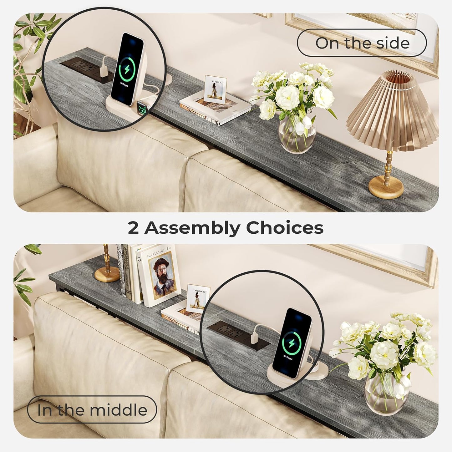 SUPERJARE 70 Inch Console Table with Outlets and USB-C Port, Extra Long Behind Couch Sofa Table with X-Shaped Design, Narrow for Entryway, Living Room, Metal Frame, Wooden Top, Grey