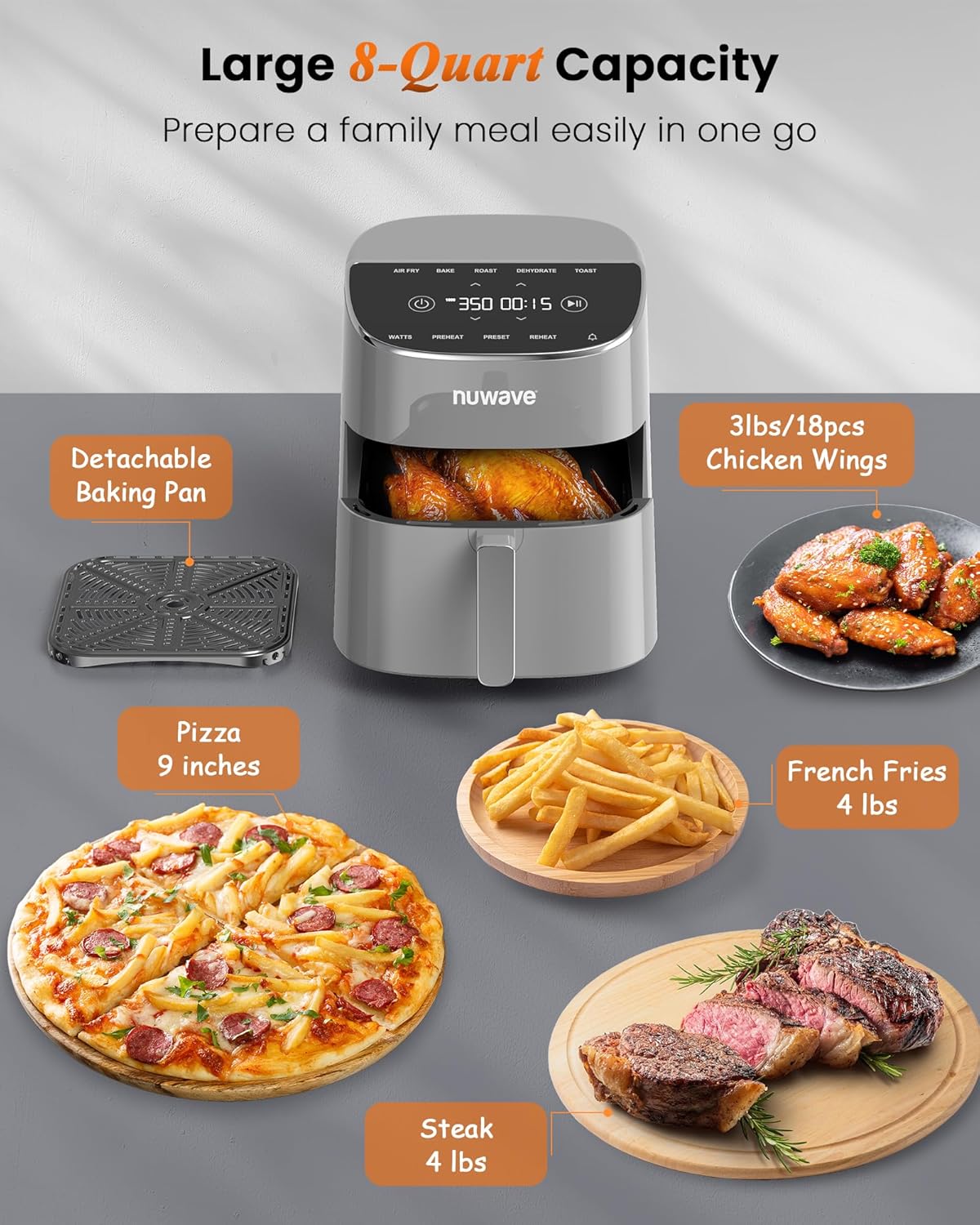 Nuwave Brio Plus Air Fryer 8 Qt, New & Improved, PFAS-FREE, 7 Digital One-Touch Cook Functions that AIR FRY, BAKE, ROAST, DEHYDRATE, TOAST, REHEAT, PREHEAT, 150 Presets, 50°F~400°F (Cool Gray)