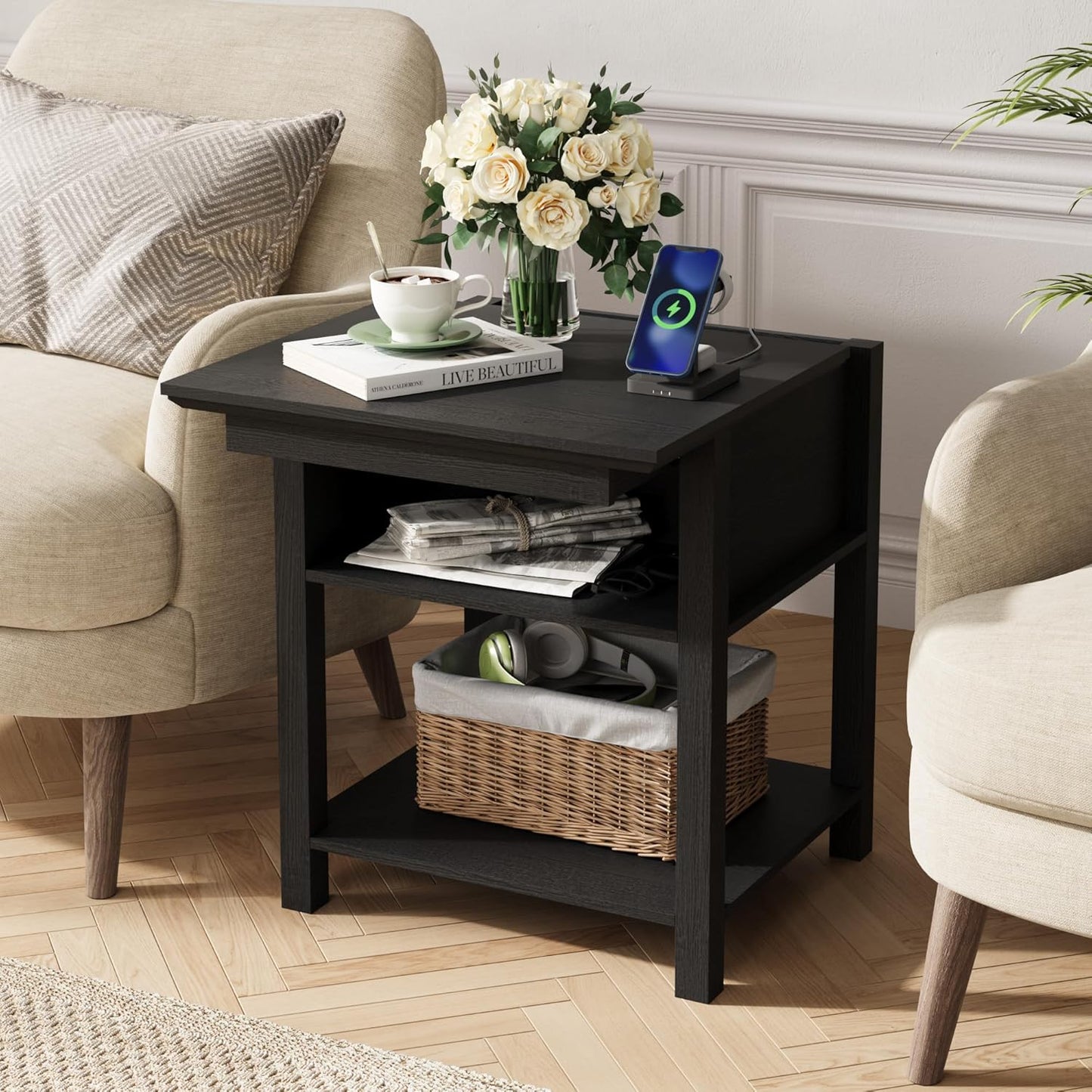 Rresyet Sliding Side Table with Charging Station & 2-Tier Storage,Farmhouse End Table, Wooden Nightstand for Bedroom & Living Room,Black