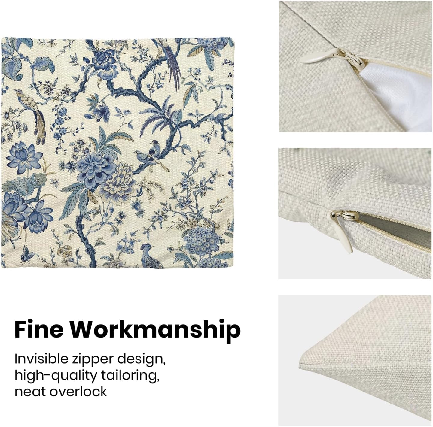 CXMEIFLY Spring Floral Birds Pillow Covers 22 x 22 Inch Set of 2 for Chinoiserie Flowers Decor Throw Pillows Blue and White Plant Outdoor Decorative Cushion Cases for Couch Bed Decorations