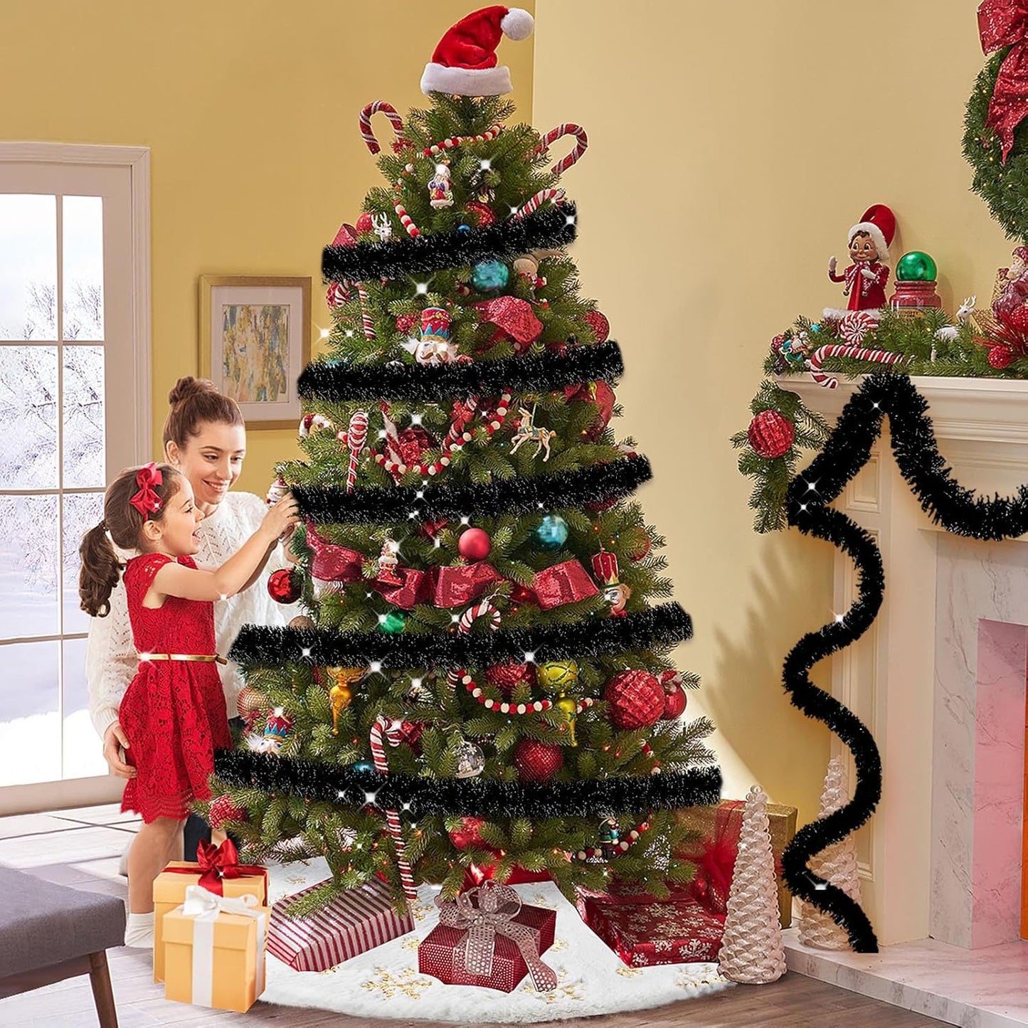 50 Feet Christmas Tinsel Garland, Metallic Twist Wall Hanging Tinsel Backdrop for Parade Floats, Carnival, Birthday, Wedding, New Year Party Decorations (Black, 2in x 50ft)