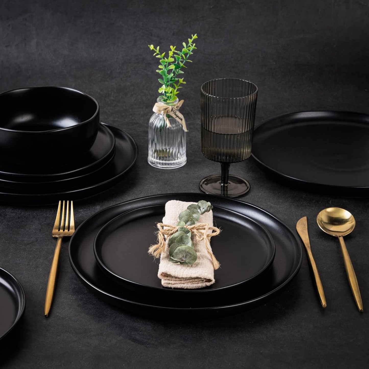 AmorArc Ceramic Dinnerware Sets, Wavy Rim Stoneware Plates and Bowls Sets, Highly Chip and Crack Resistant | Dishwasher & Microwave & Oven Safe Dishes set, Service for 4 (12pc)-Matte Black