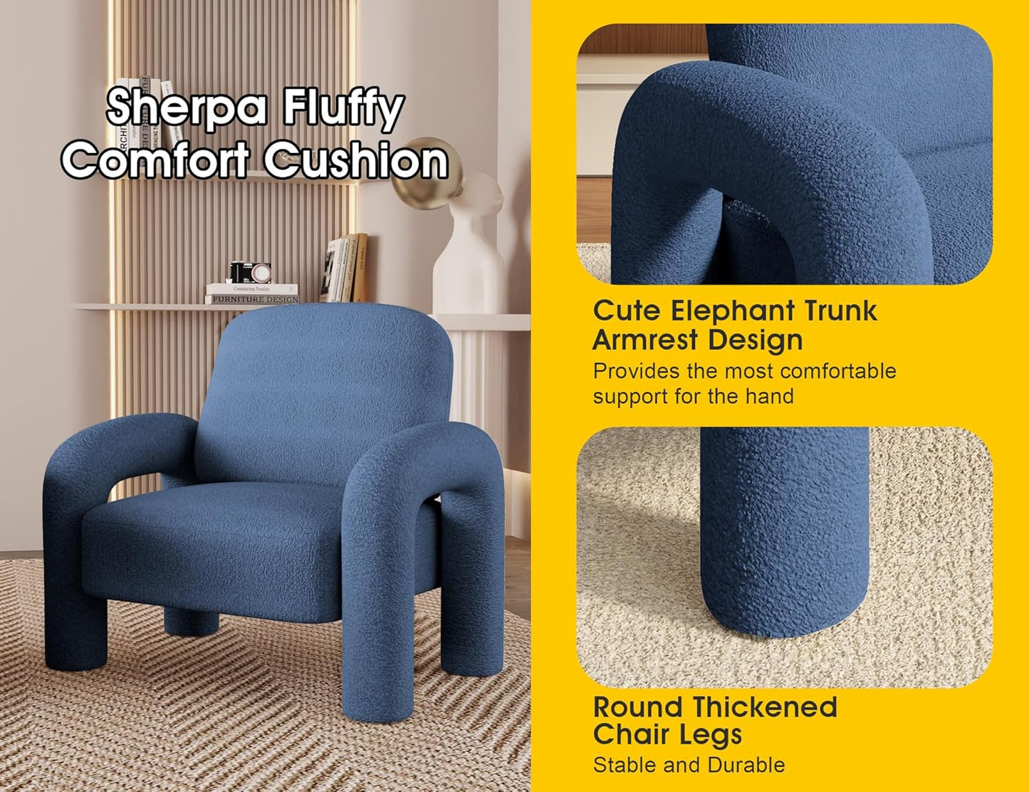 Modern Sherpa Accent Chair, Teddy Upholstered Arm Single Sofa, Cozy Fluffy Reading Chair for Living Room, Bedrooms, Corner (Navy Blue)