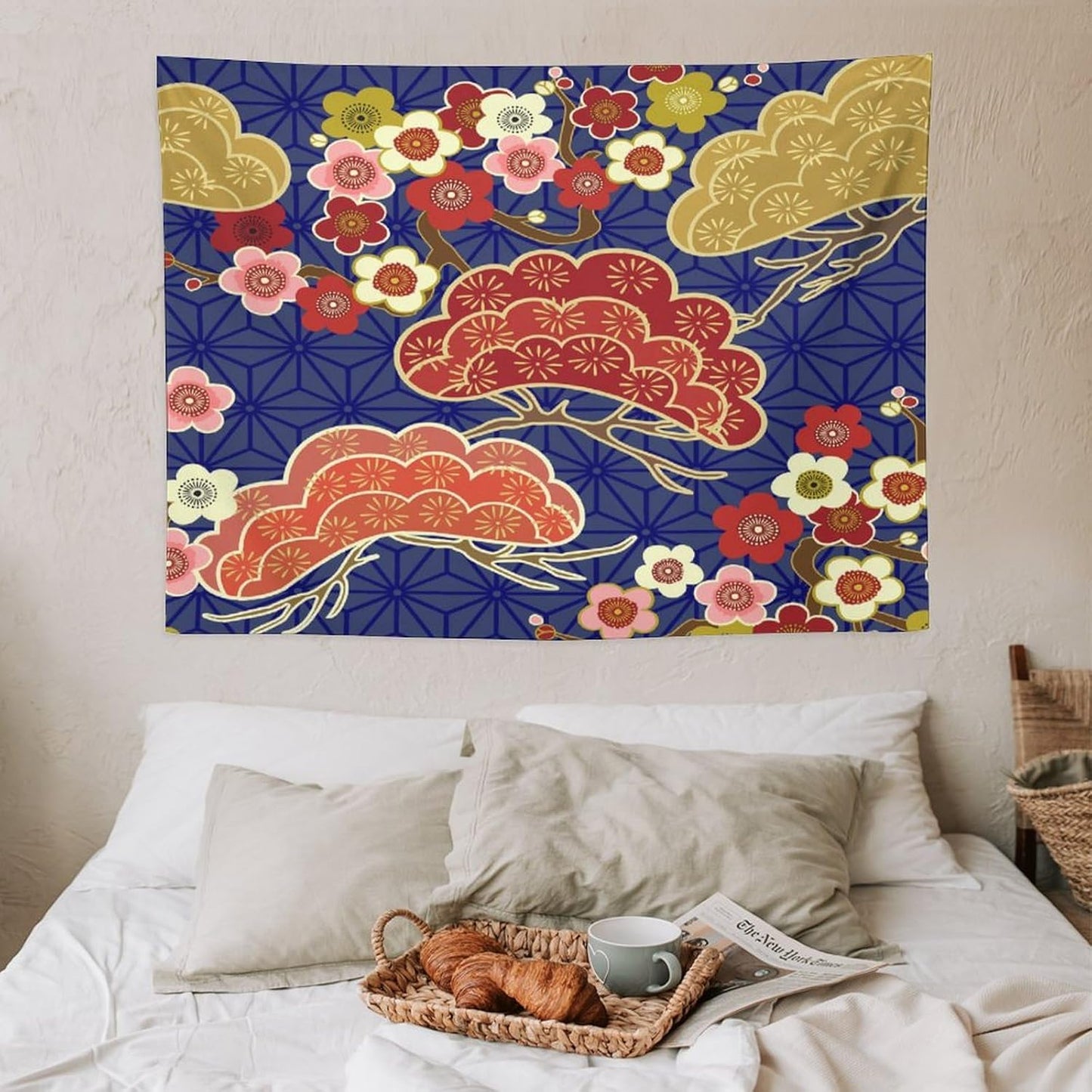 HZOHNAGO Japanese Tapestry Art Abstract Colorful Cherry Blossom Blue Background Pattern Printed Wall Tapestry Painting Wall Hanging for Bedroom Living Room Dorm 40" W x 30" H