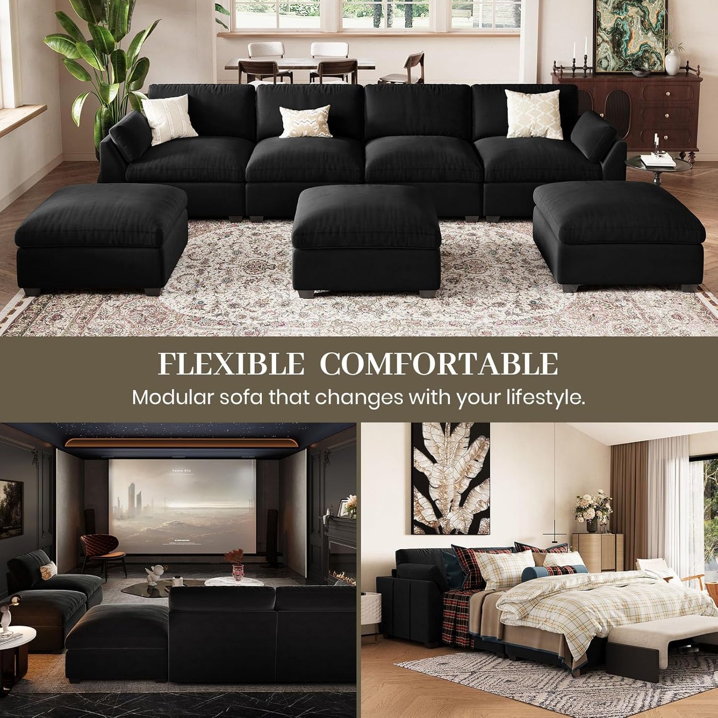 Belffin Oversized Sectional Couch with Movable Ottoman,Modern 137.8" 9-Seater Modular Sectional Sofa,Convertible Velvet U Shaped Sectional Couches for Living Room,Black