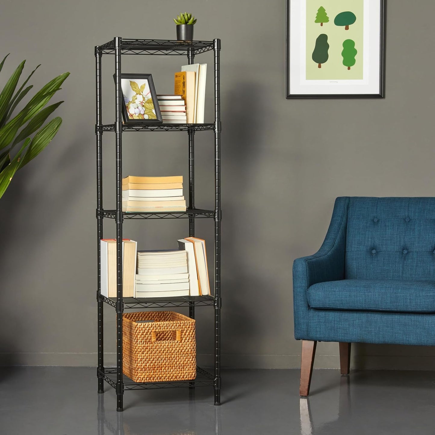 Amazon Basics 5-Shelf Tower Adjustable Storage Shelving Unit, Black, 16 D x 16 W x 54 H in