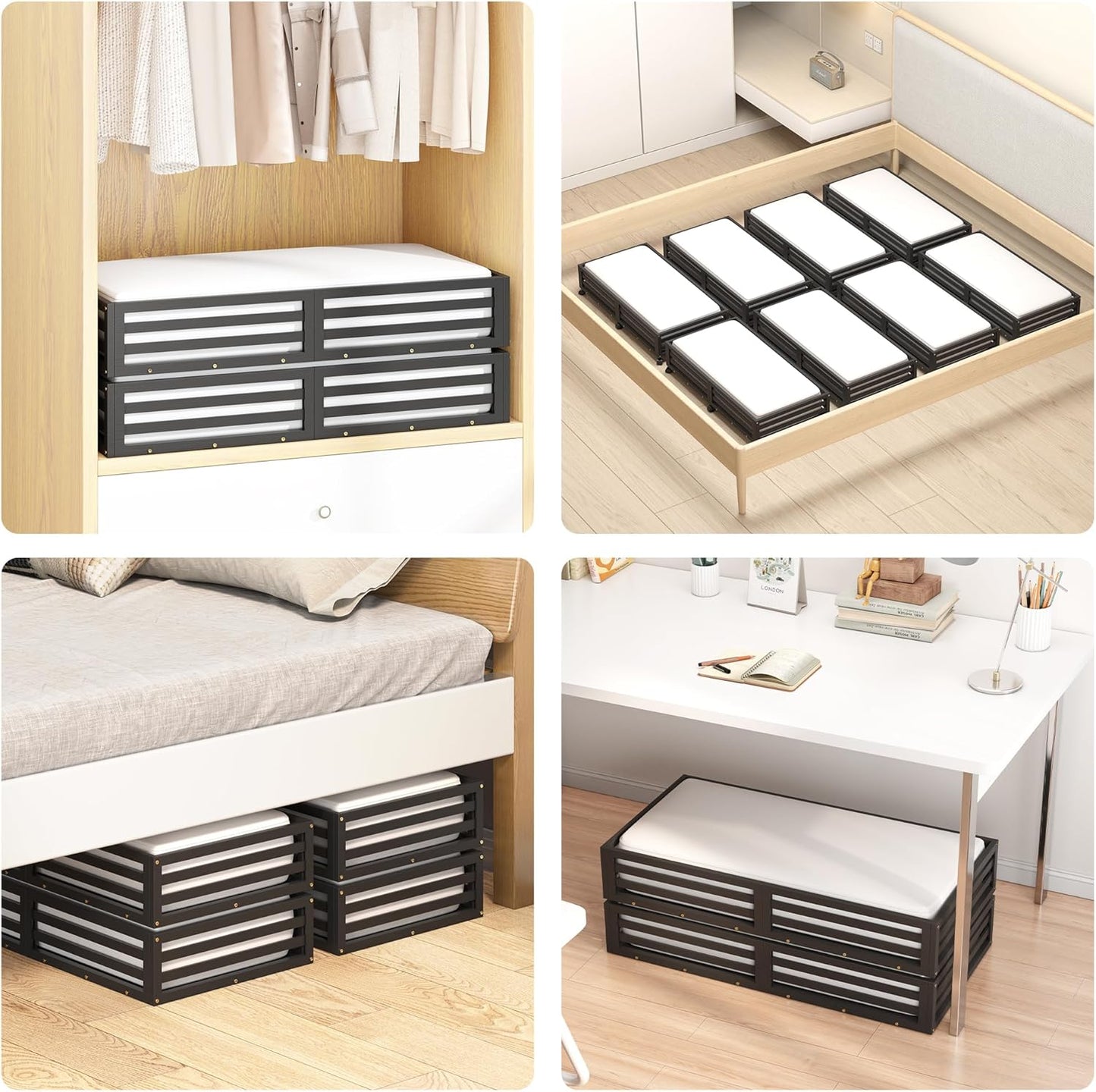 Bamboo Under Bed Storage Containers- Underbed Organizer with Wheels with Large Dust Bag,Sturdy Wood Rolling Under the Bed Shoe Storage Organizer Drawer 2 Packs (Black, Long)