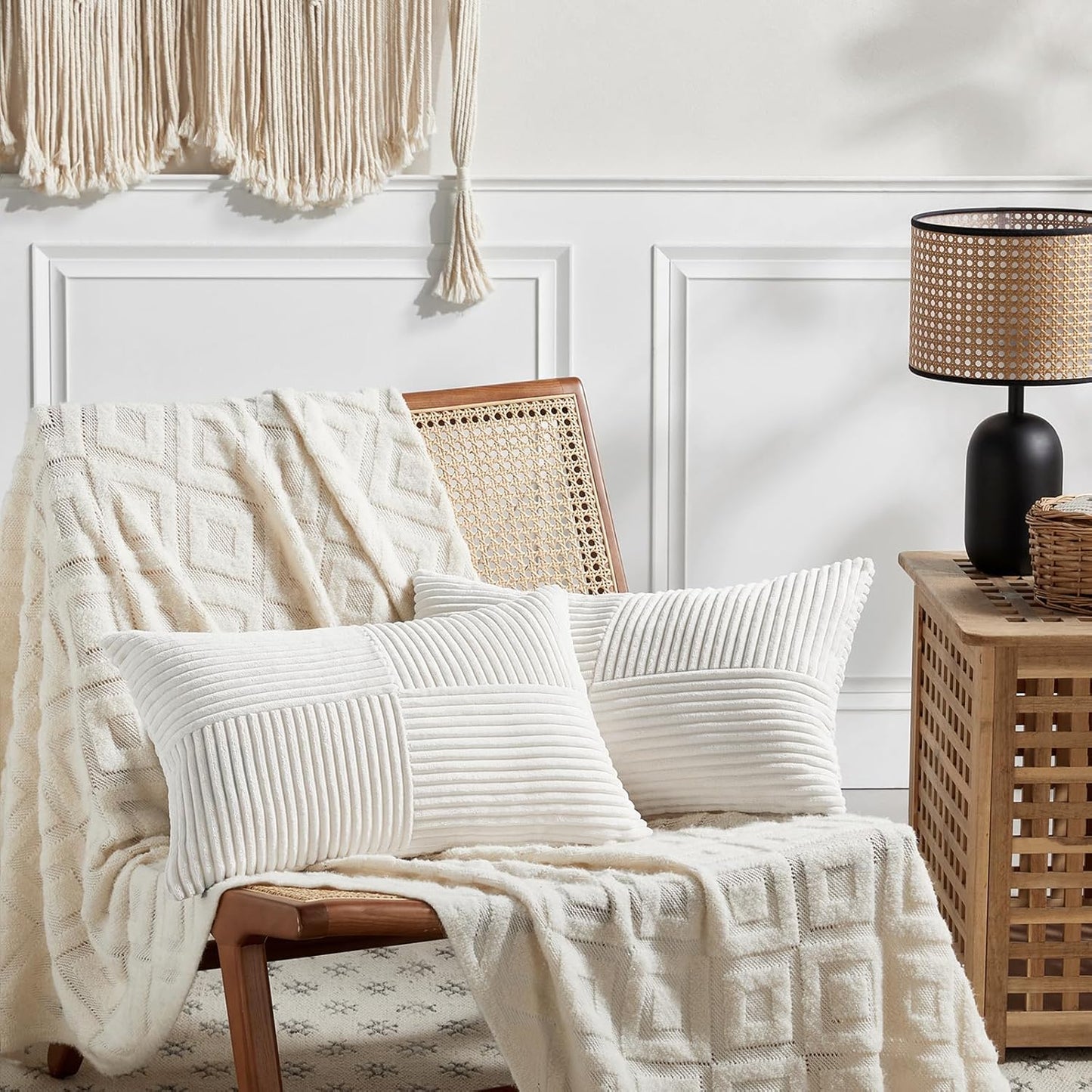 Fancy Homi 2 Packs Cream White Long Lumbar Decorative Throw Pillow Covers 12x24 Inch for Couch Bed Sofa, Rustic Farmhouse Boho Home Decor, Soft Striped Corduroy Rectangle Accent Cushion Case 30x60 cm