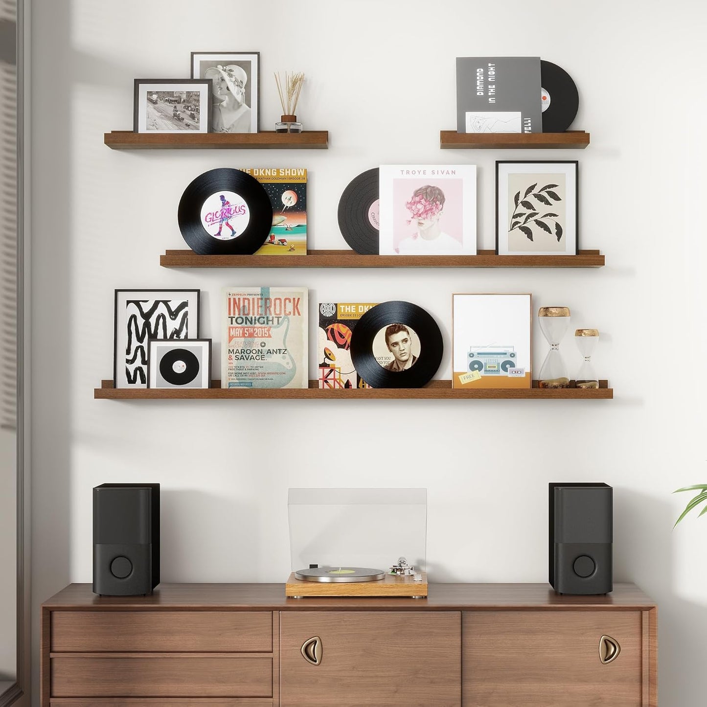 Picture Ledge Wall Shelves 36 inches Width Set of 3, Solid Pine Wood Rustic Floating Ledge Shelves for Wall for Kids' Room Bedroom Kitchen Bathroom Living Room Nursery Display Wall Decor, Walnut