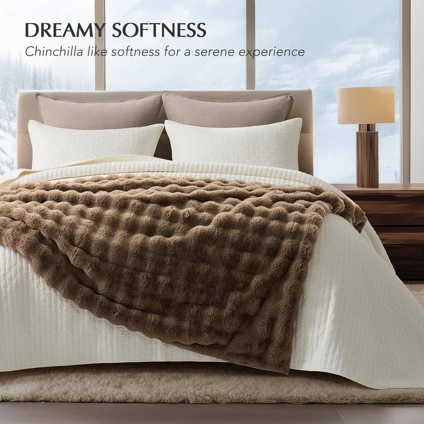 EVERGRACE Ultra Soft Luxury Fluffy Ridgeline Faux Rabbit Fur Throw Blanket, Thick Warm Fuzzy Blankets for Bed, Cozy Plush Reversible Blanket for Couch, Chair, Sofa, Natural Tan, 60x80 Inches, 870 GSM