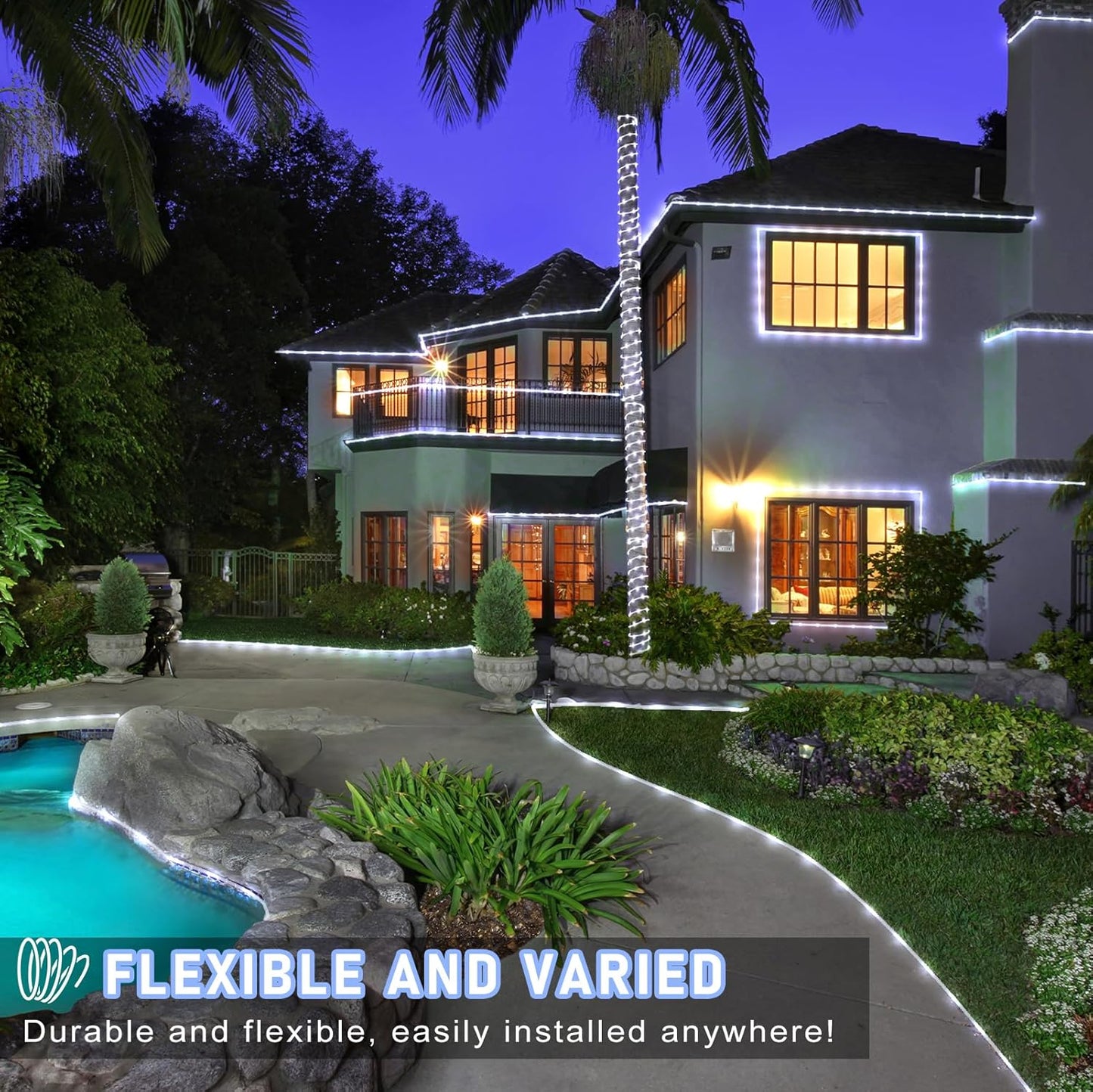 164FT Rope Lights Outdoor, 500 LED White Rope Lights Indoor Waterproof, 8 Modes Plug in Connectable String Lights for Outside Garden, Deck, Patio, Pool, Bedroom, Landscape, Party Decorations