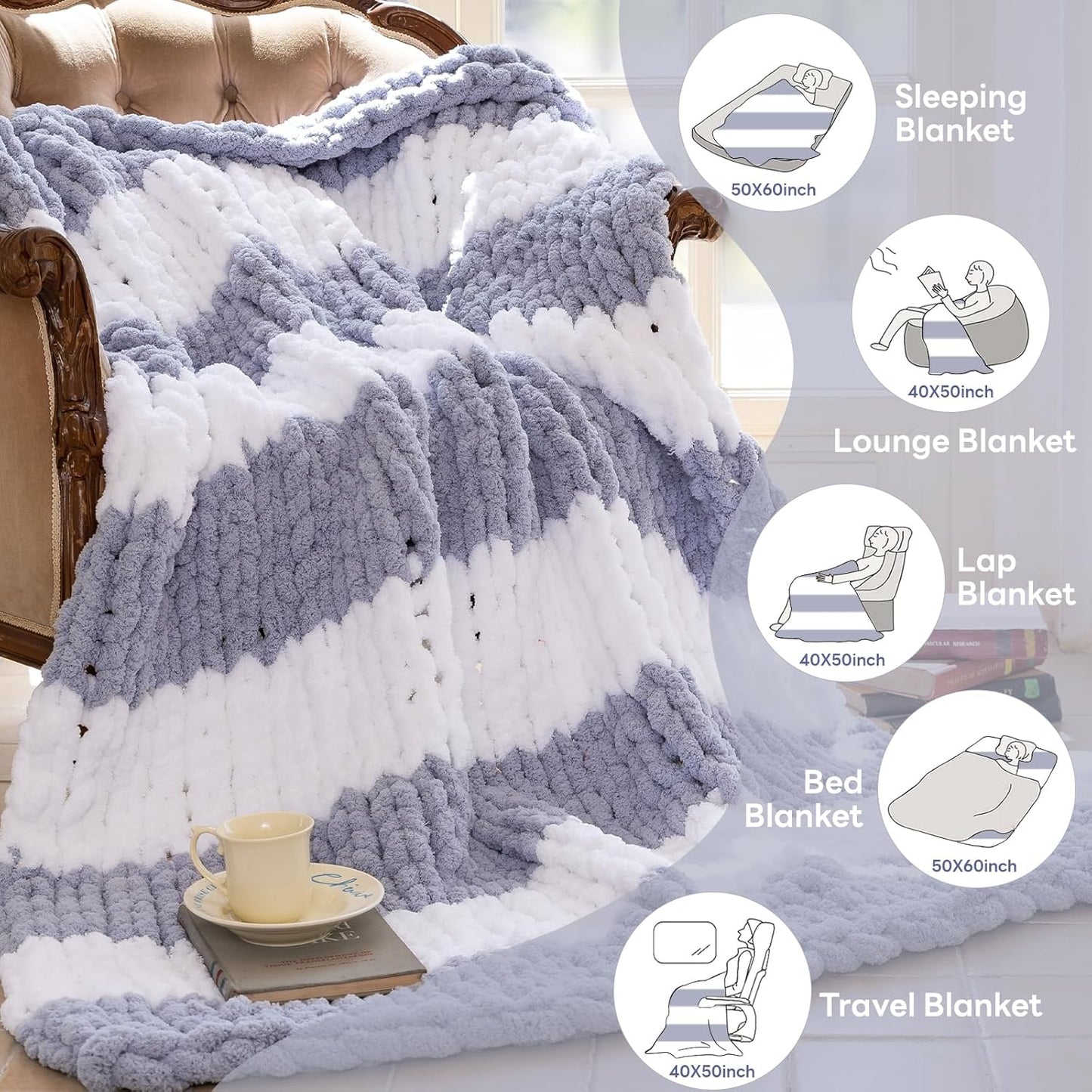 Chunky Knit Blanket - Luxury Soft Cozy 50 * 60 Throw Blanket,100% Woven Blanket Rope Knot Throw Blanket for Couch, Sofa, Home Decor, Gift - Machine Washable(White/Light Gray)