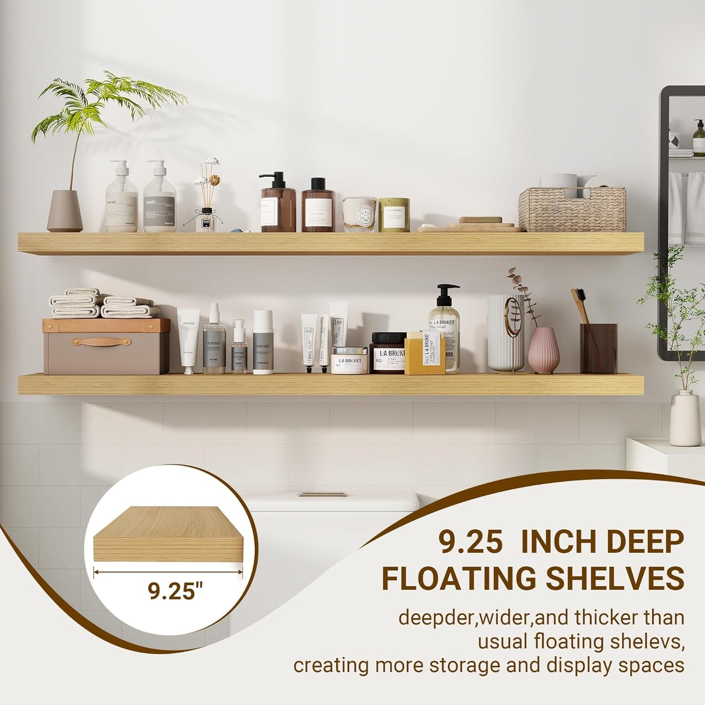 55 Inch Floating Shelves, 3D Textured Wood Grain, 55"x9.25"x1.5" Inch Deep Floating Shelves for Wall, Wooden Shelves for Bathroom, Bedroom, Living Room, Natural