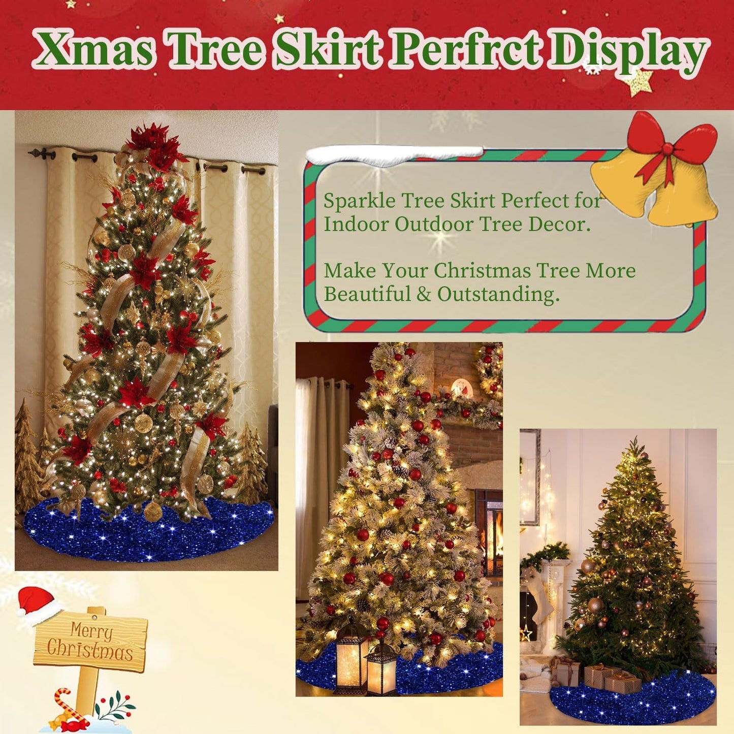 MODFUNS Blue Christmas Tree Skirt Decorations 36 Inches Sequin Christmas Tree Skirt Sparkly Tree Mat Embroidery Velvet Tree Skirts Xmas Ornaments Halloween Tree Cover Skirt Round Sequin Tree Base Mat