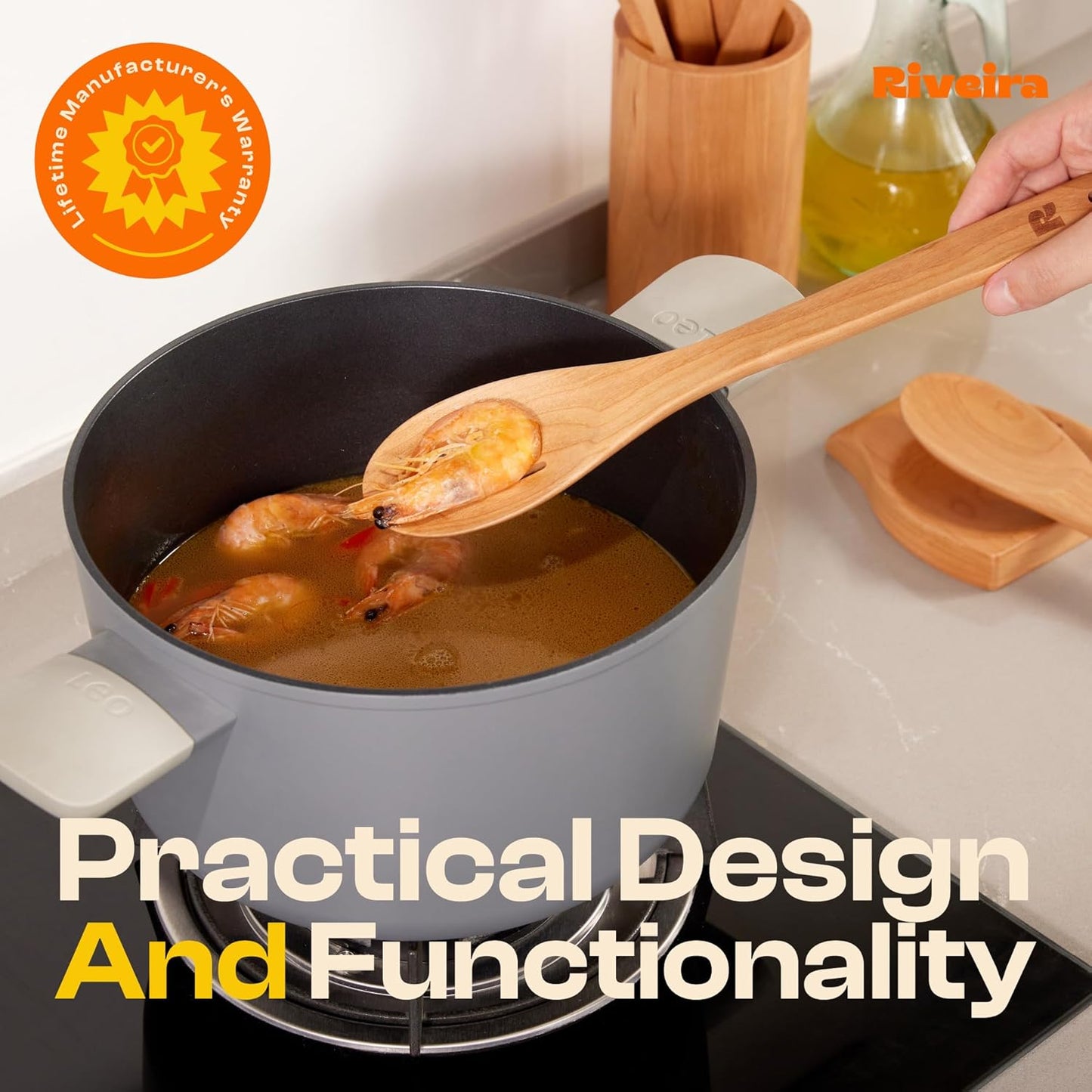 Riveira Cherry Wooden Spoons for Cooking Set of 3 – Natural Cherry Wooden Cooking Utensils, Wooden Spatula, Wooden Spoon - Premium Quality Wooden Utensil Set for Non-Toxic Cooking