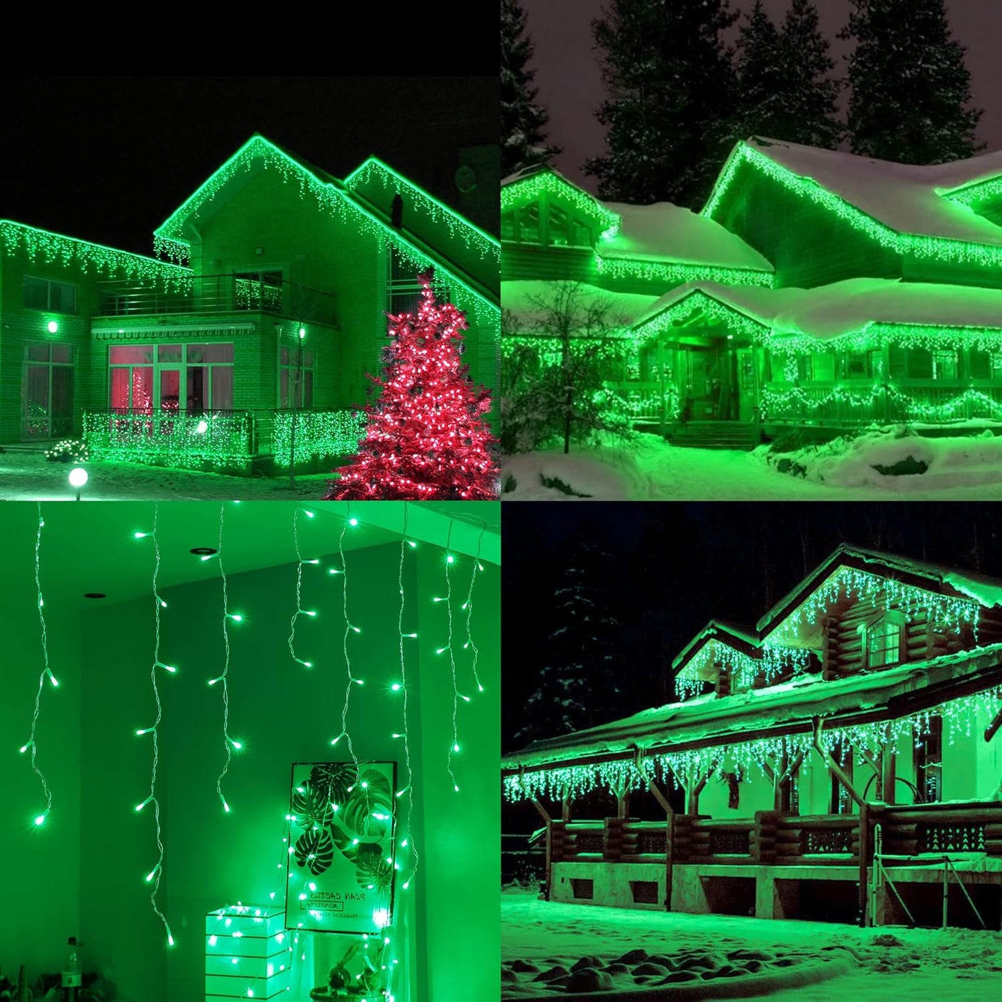 Hopolon 33FT 360L LED Christmas Icicle Lights Outdoor Waterproof,8 Modes Plug in Curtain String Lights with 60 Drops,Christmas Lights for Wedding,Party,Bedroom,Home,Garden,Wall Decorations(Green)