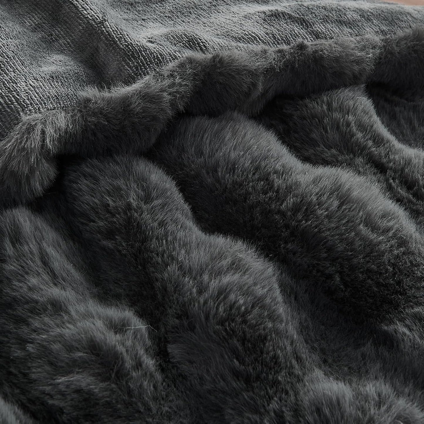 Lotus Karen King Size Faux Fur Blanket - Dark Gray, Big Bubble Rabbit Fluff, 108x90 Inches