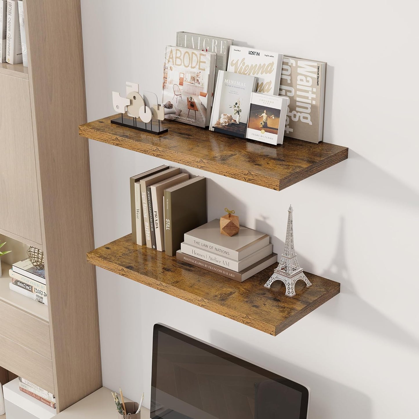 30" Floating Shelves for Wall, 12" Deep Slim Rustic Brown Floating Shelves, Wall-Mounted Shelves for Bedroom, Living Room, Kitchen, Bathroom - Set of 2