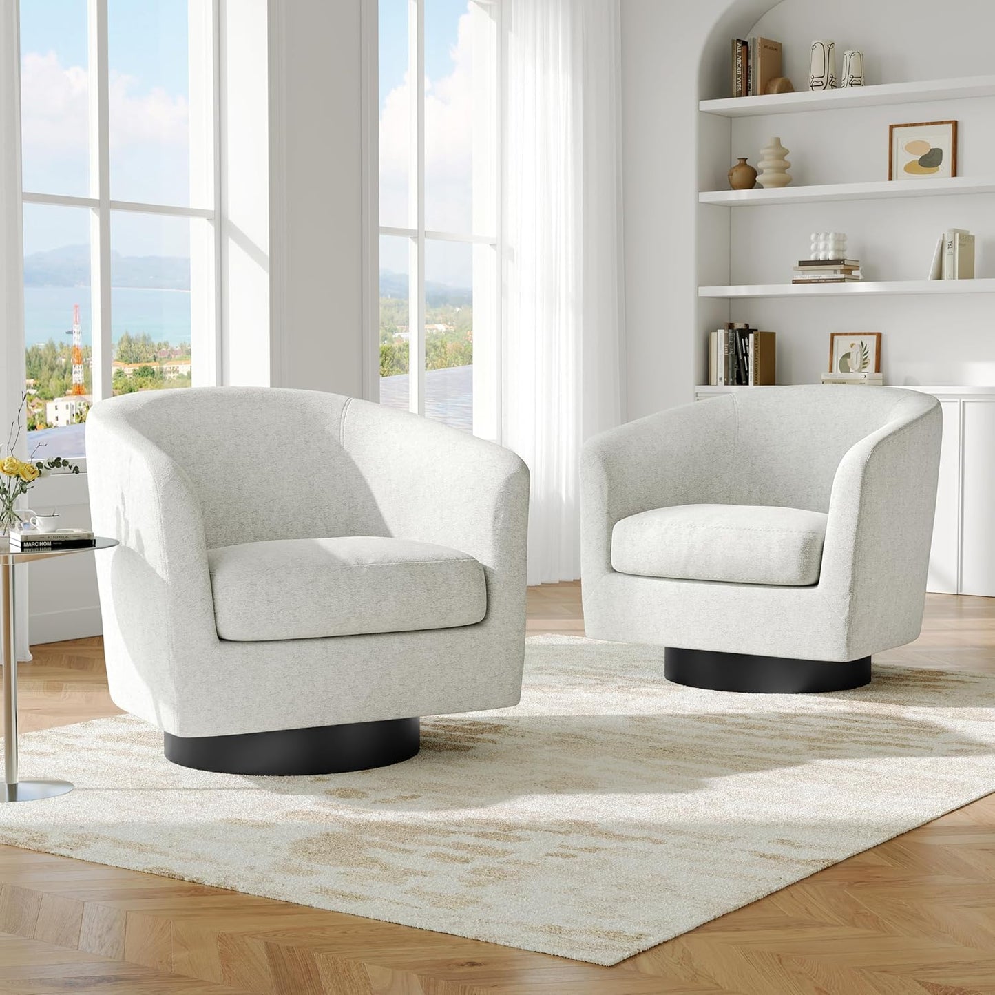 Swivel Barrel Accent Chair, Modern Round Chenille Fabric Arm Chair for Living Room, Bedroom, Comfy Club Reading Chairs for Adults(Chenille Fabric, Beige, Set of 1