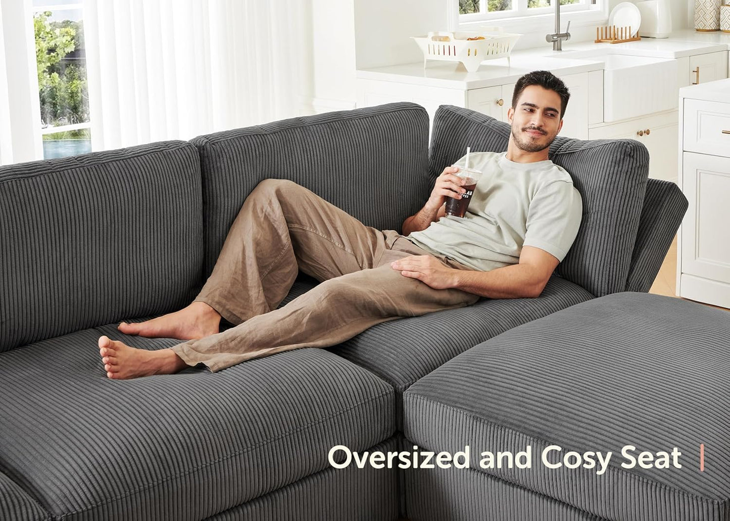 HONBAY Modular Sectional Sofa with Storage Corduroy Sleeper Sofa Modular Sectional Couches for Living Room,Dark Grey