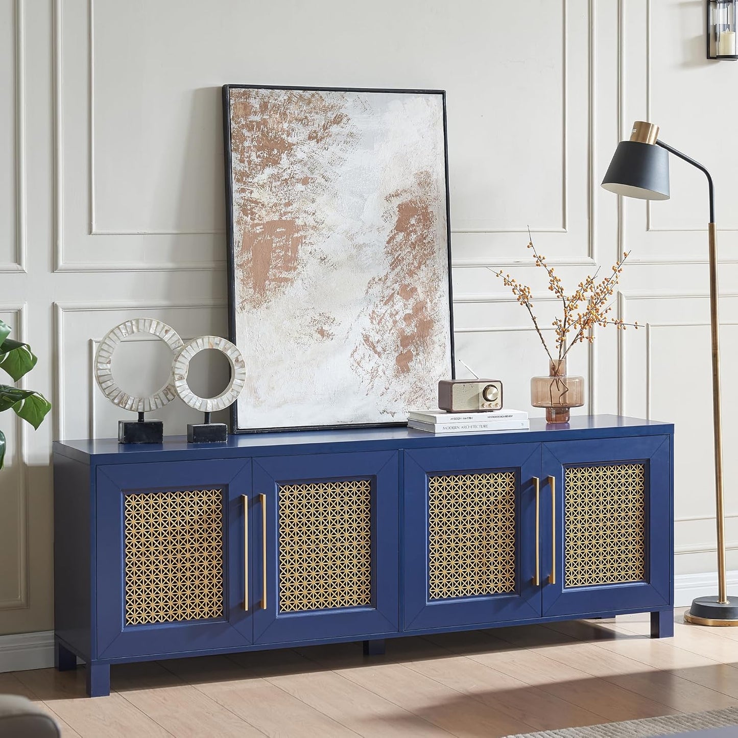 JYED Mid Century Modern TV Stand for TVs up to 75", 69.5" W Blue Entertainment Center with 4 Gold Metal Mesh Doors - Wood Grain MDF TV Console, Media Storage