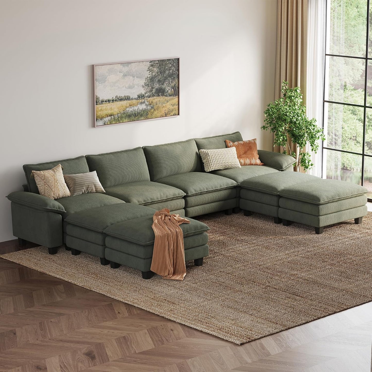 LINSY HOME Modular Sectional Sofa - 157'' Sleeper Sofa Cloud Couch Oversized Corduroy Sofa Bed with Movable Ottoman Soft Modern Comfy Couch for Living Room Apartment Office, Green