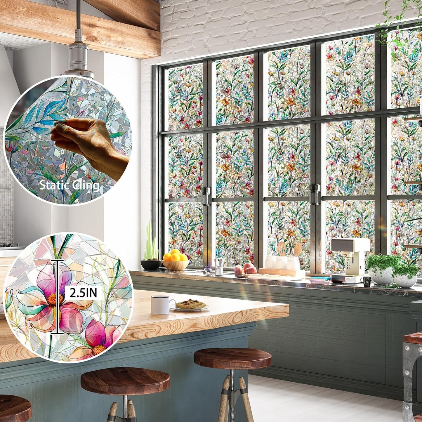 Rainbow Window Privacy Film 3D Floral Decorative Stained Glass Window Film Anti UV Non-Adhesive Reusable 17.5" x 78.7" for Home Room Car Glass Cling