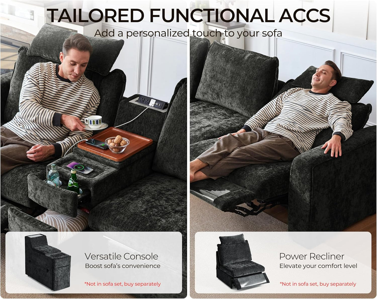 Oversized Modular Sofa Comfy Cloud Couch with Storage, Extra Deep Plush Sectional Sofa Set for Living Room, Covers Washable, Chenille, Olar (Black, 6-Seater with 2 Ottomans, u-Shaped)