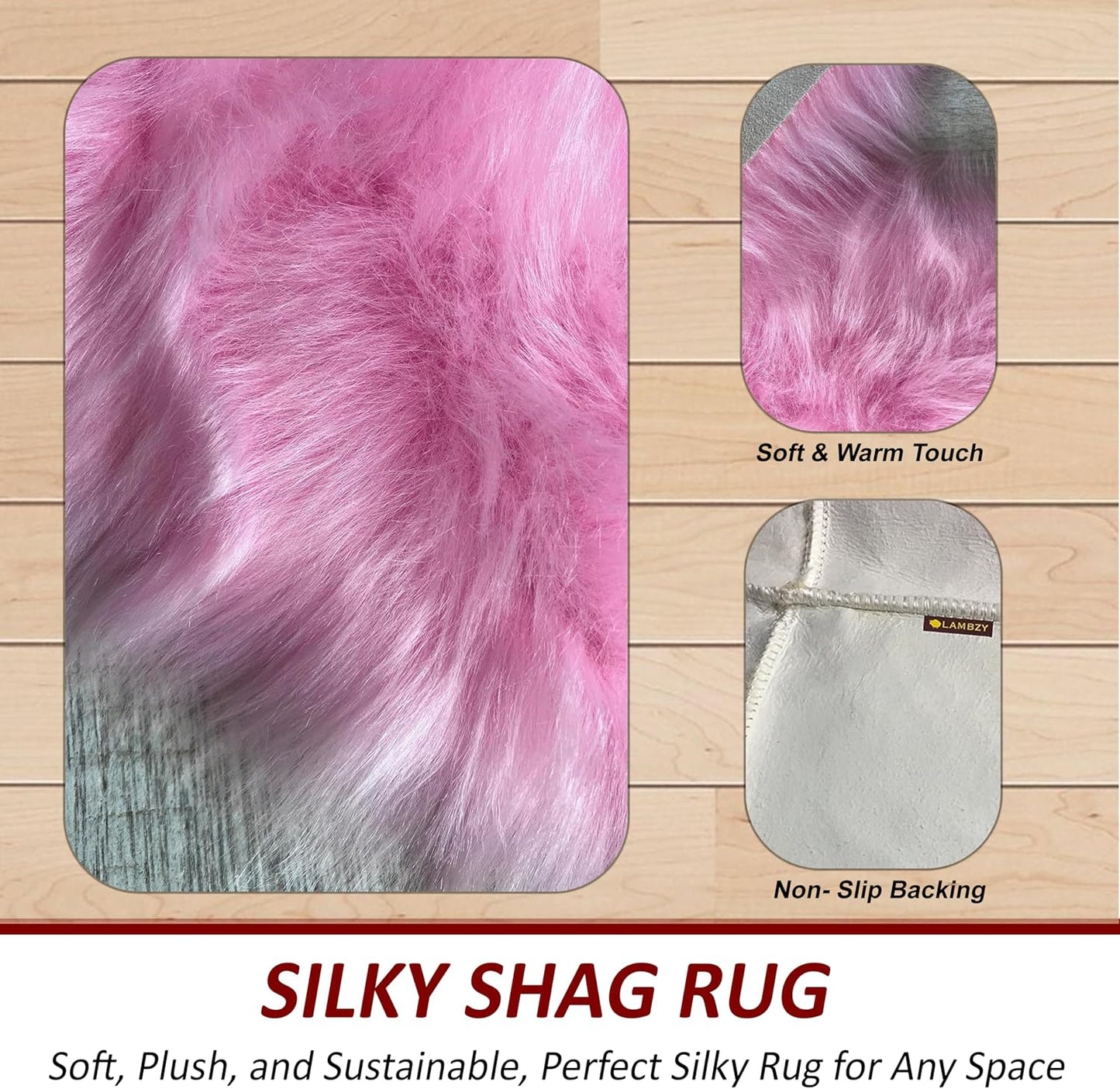 LAMBZY Faux Sheepskin Super Soft Hypoallergenic Free Shape Silky Shag Rug, Luxury Shaggy Plush Carpet for Bedrooms Living Kids Room Sofa Rugs (Pink, Double Side by Side 3'x4')